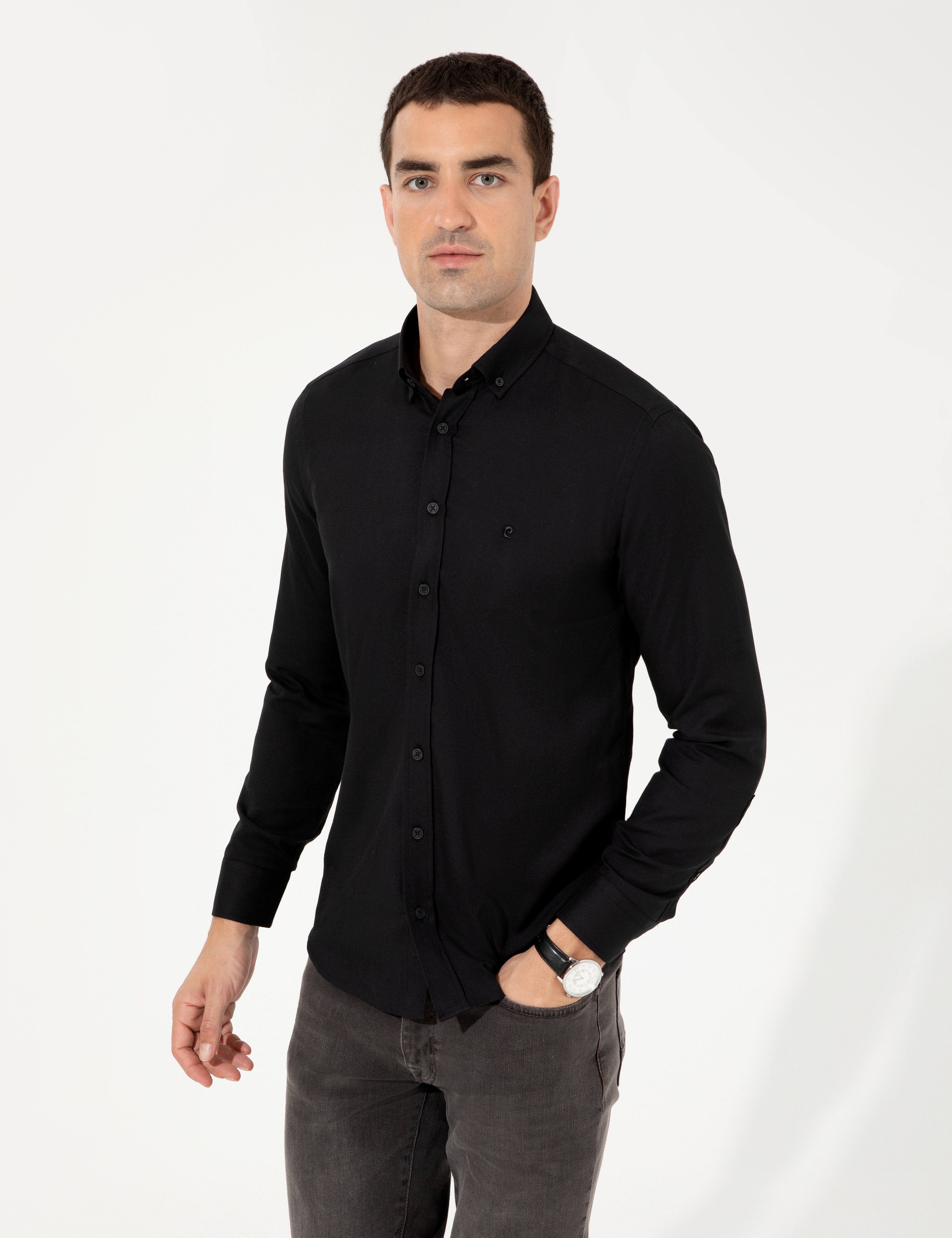 Siyah Slim Fit Oxford Gömlek - Image 3