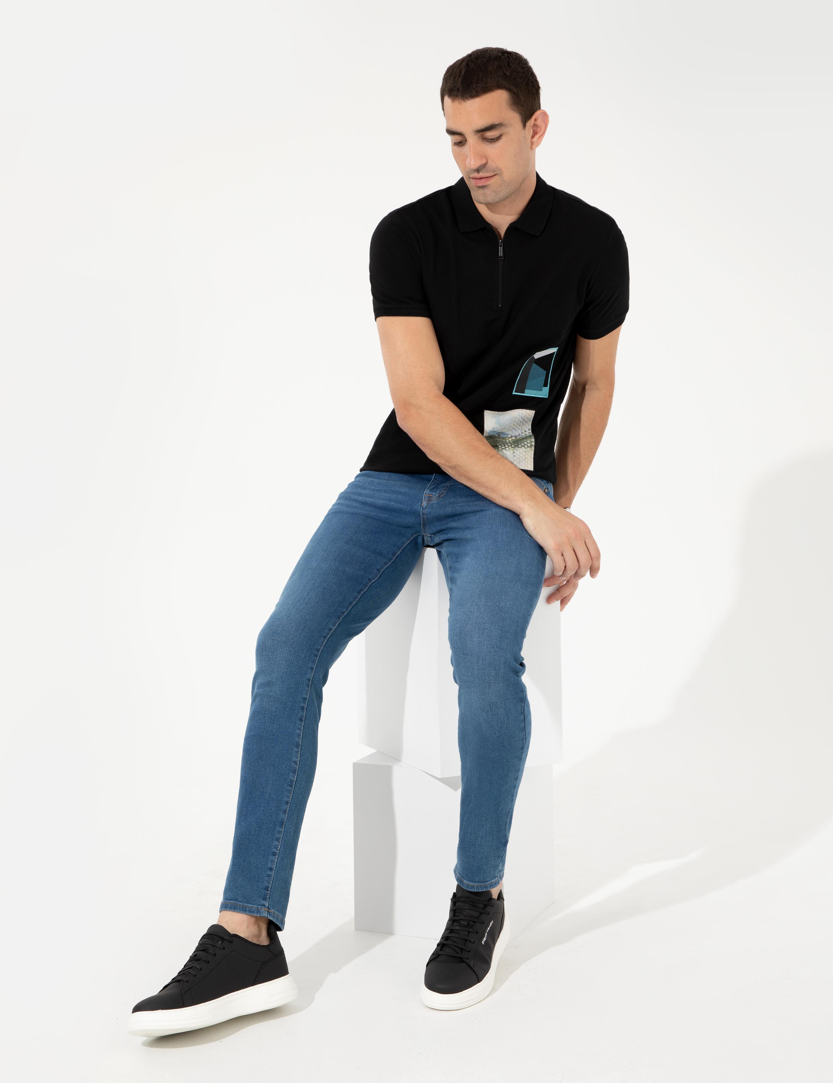 Siyah Slim Fit Fermuar Detaylı Polo Yaka Tişört