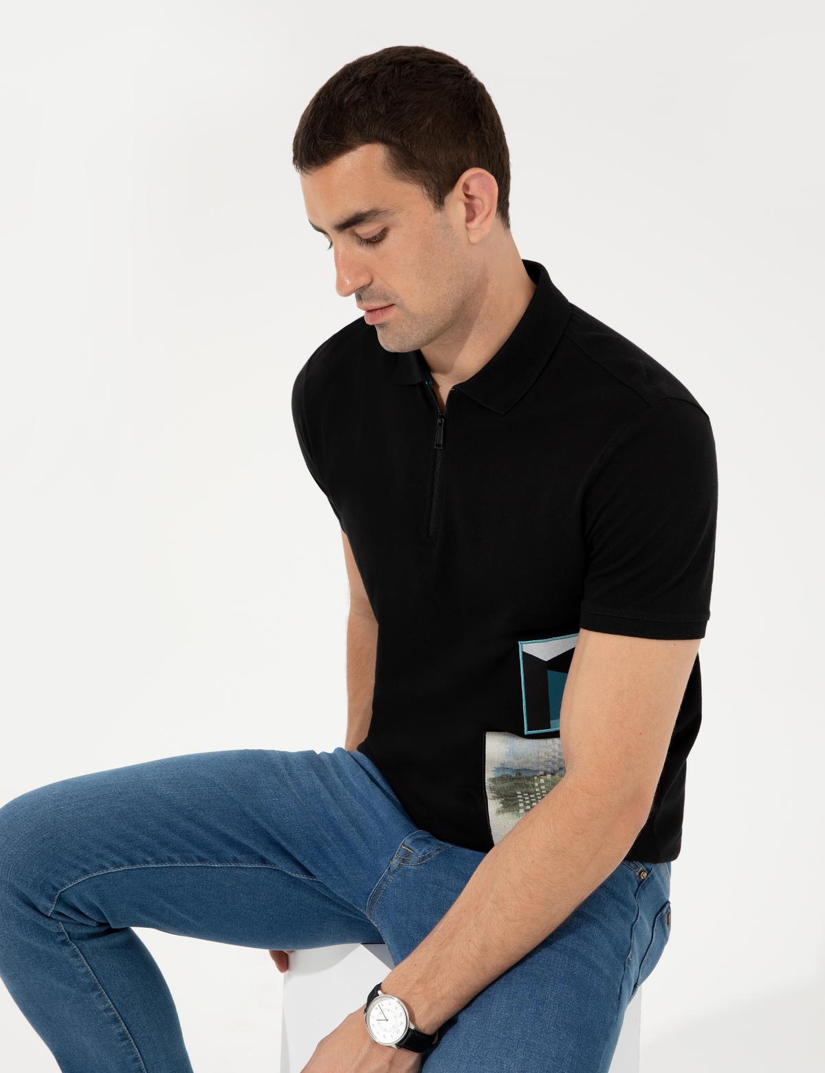 Siyah Slim Fit Fermuar Detaylı Polo Yaka Tişört