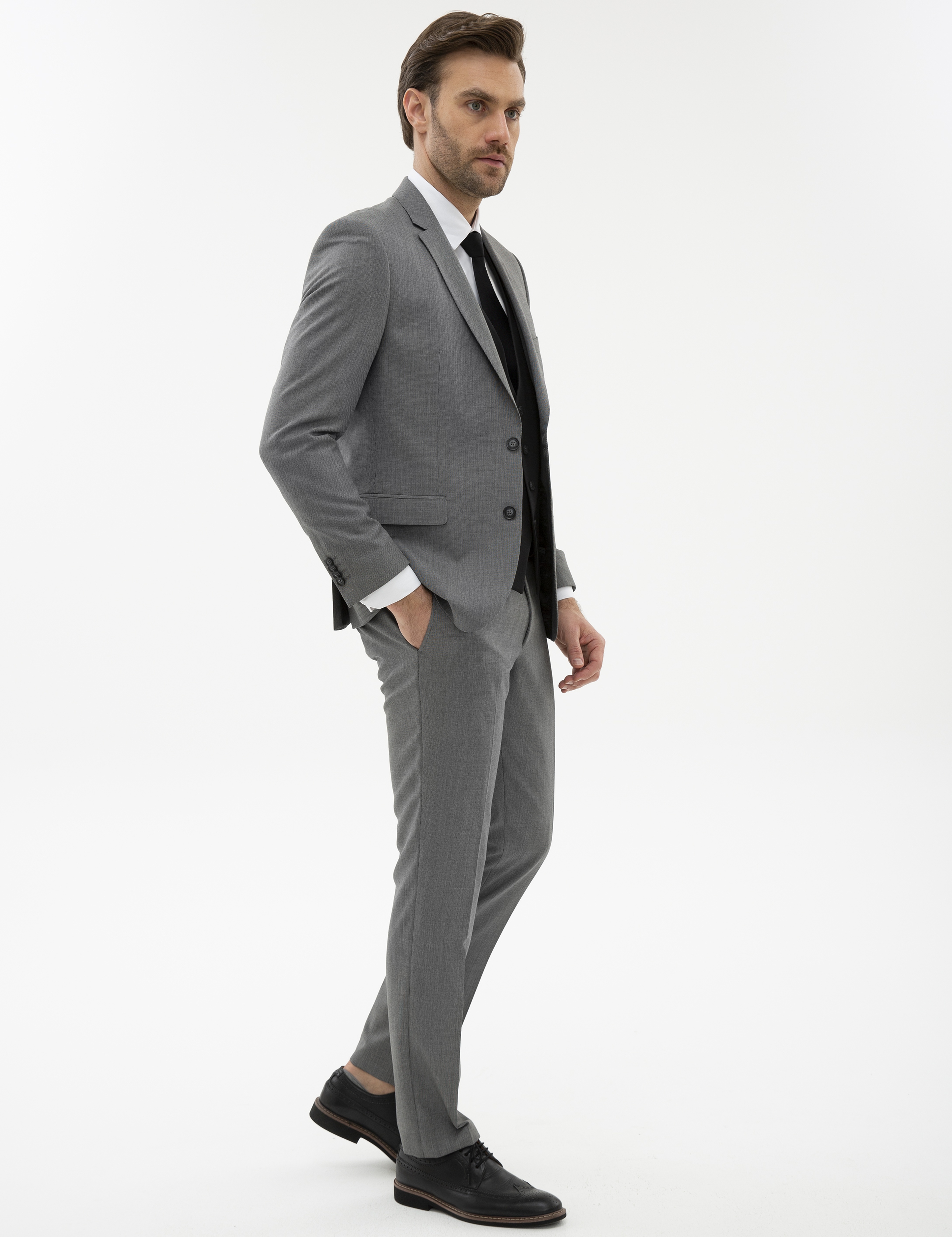 Siyah Slim Fit Kombin Yelekli Takım Elbise