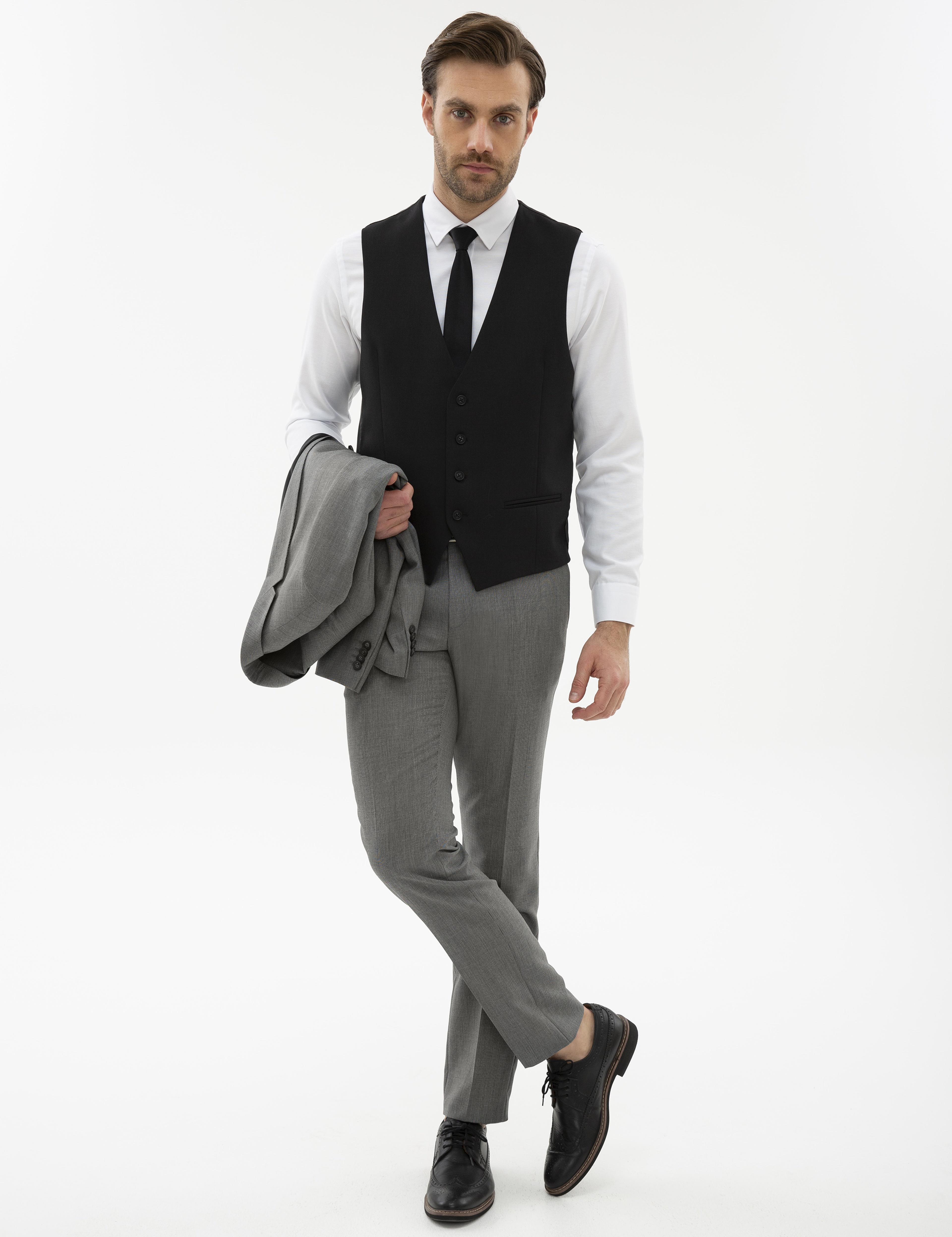 Siyah Slim Fit Kombin Yelekli Takım Elbise - Image 3