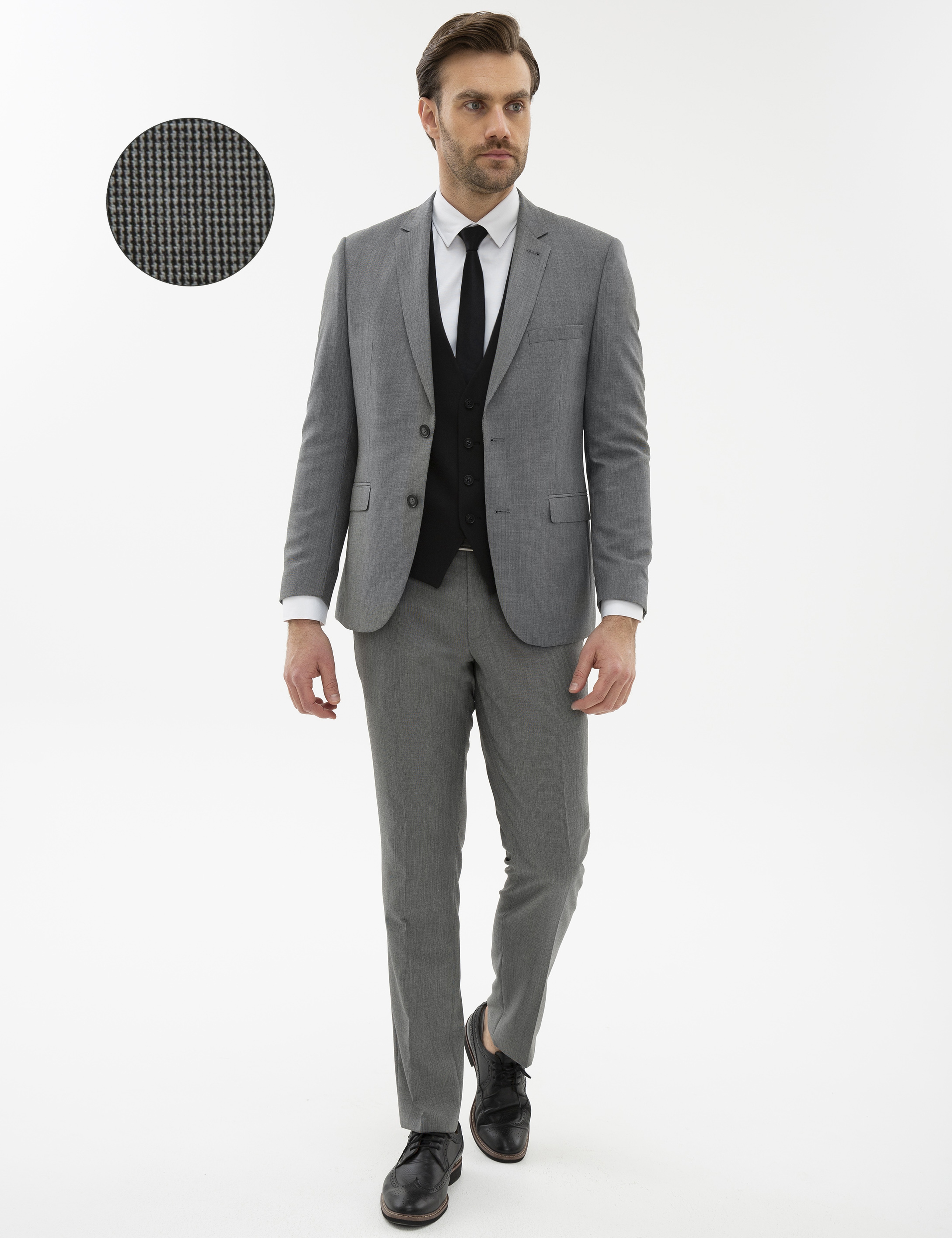 Siyah Slim Fit Kombin Yelekli Takım Elbise