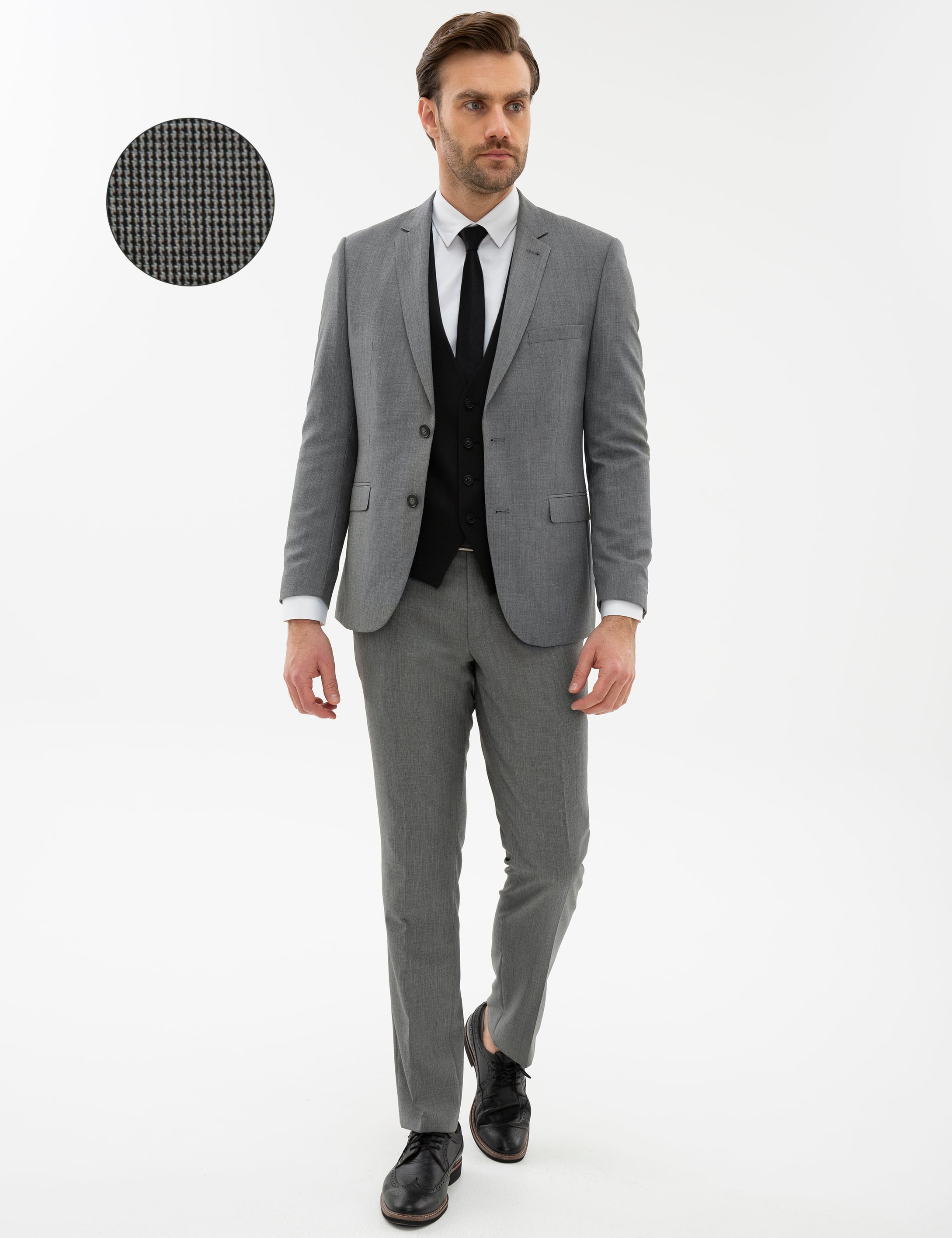 Siyah Slim Fit Kombin Yelekli Takım Elbise