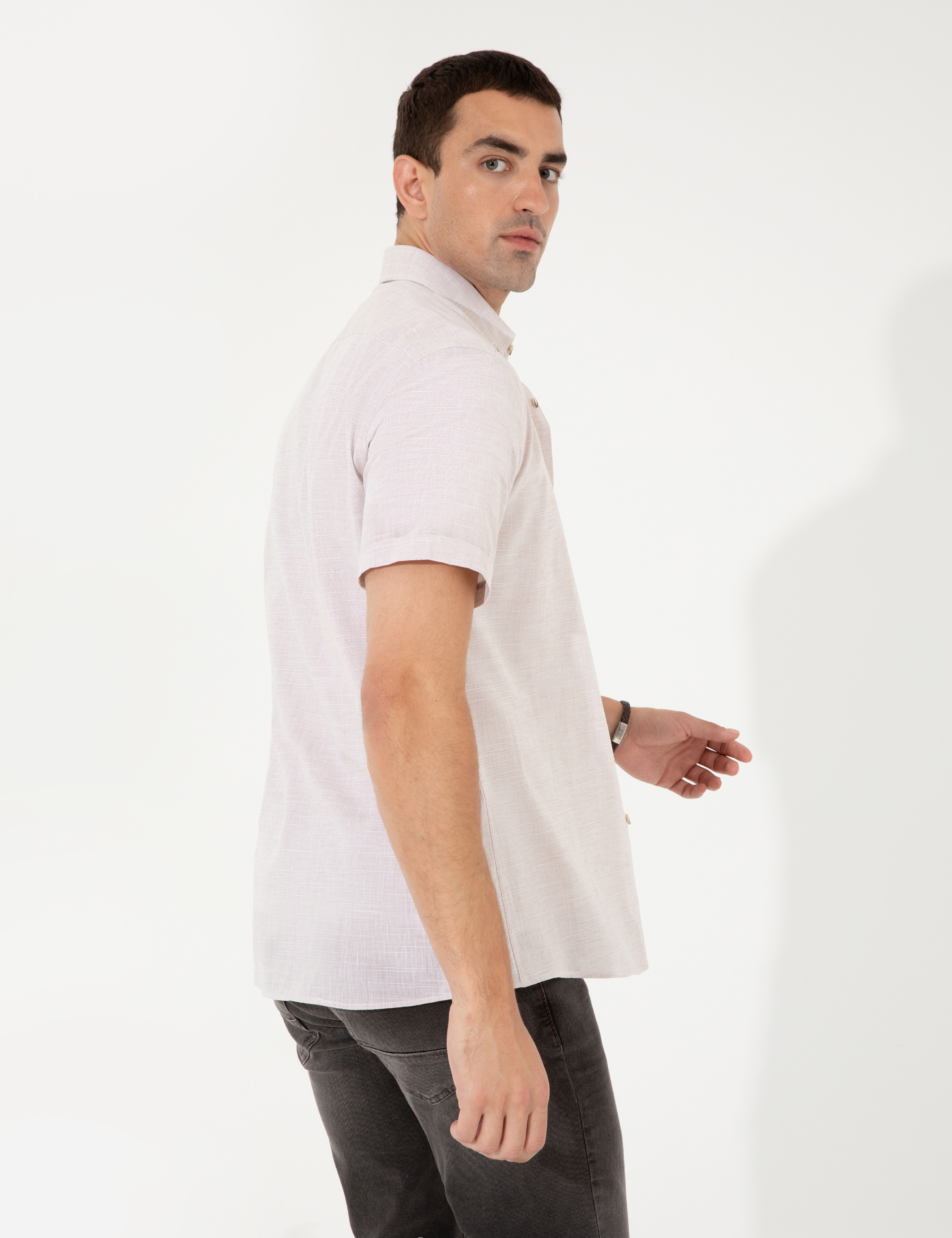 Bej Regular Fit Kısa Kollu Gömlek - Image 5