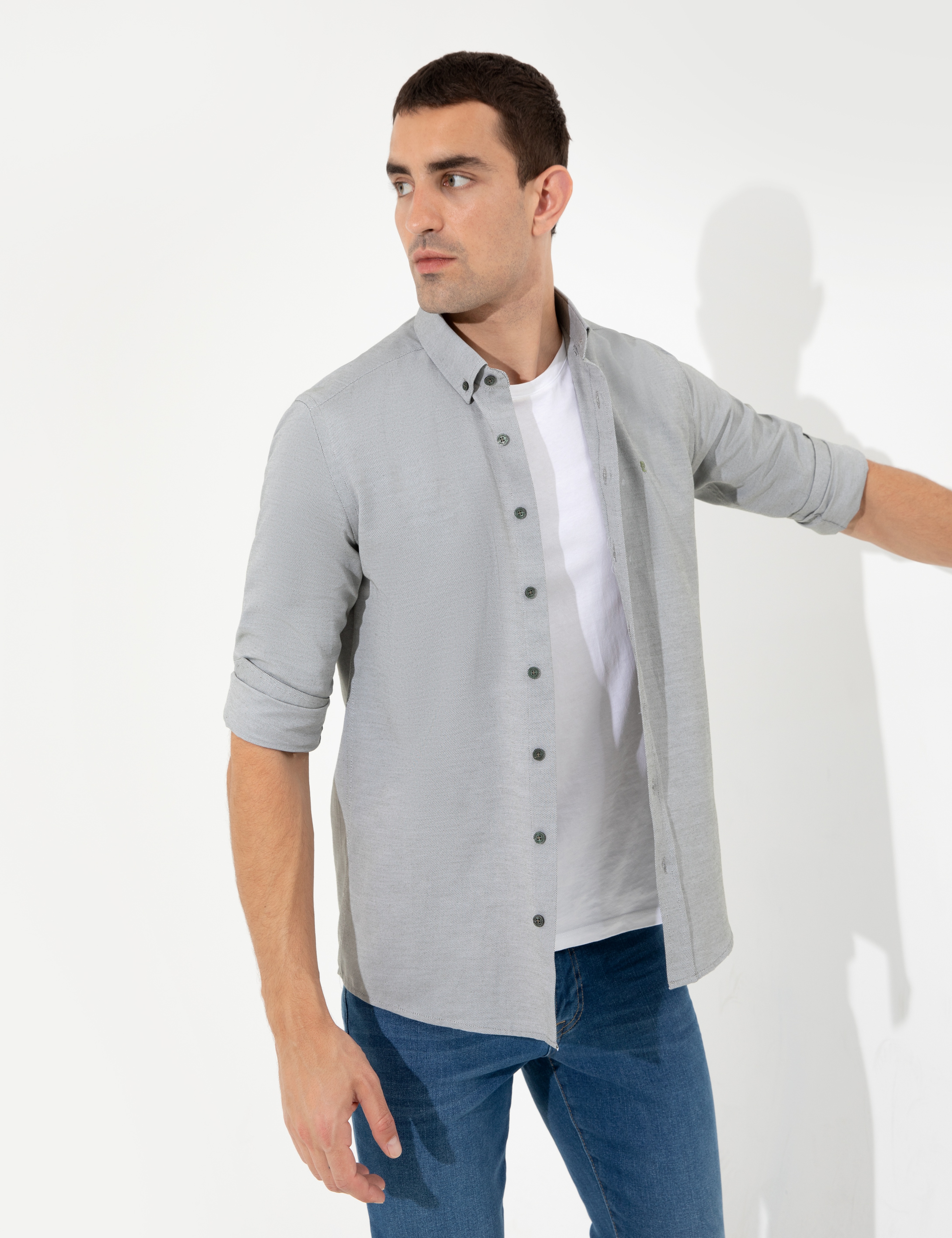 Haki Slim Fit Oxford Gömlek - Image 2