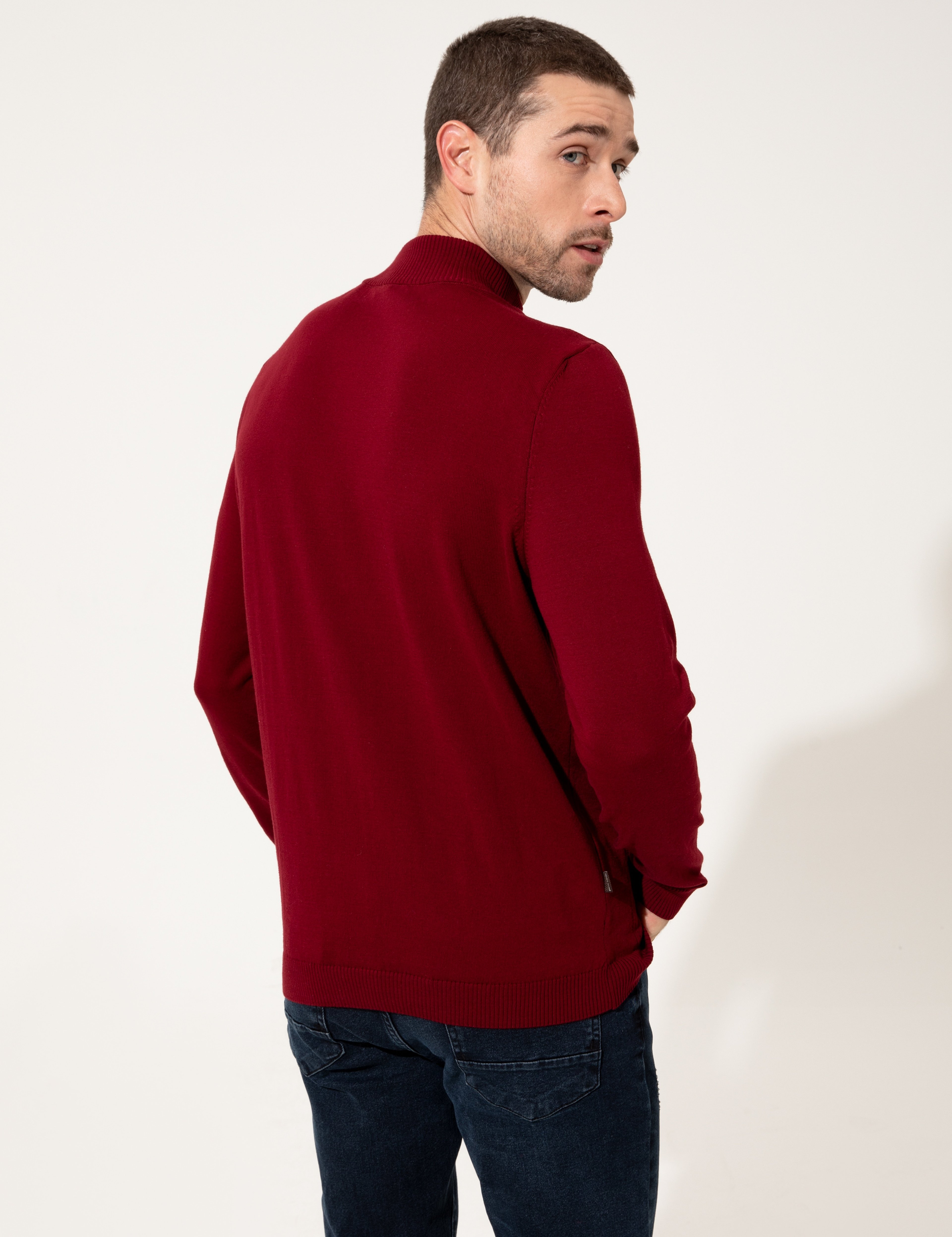 Bordo Slim Fit Yarım Balıkçı Yaka Triko Kazak - Image 6
