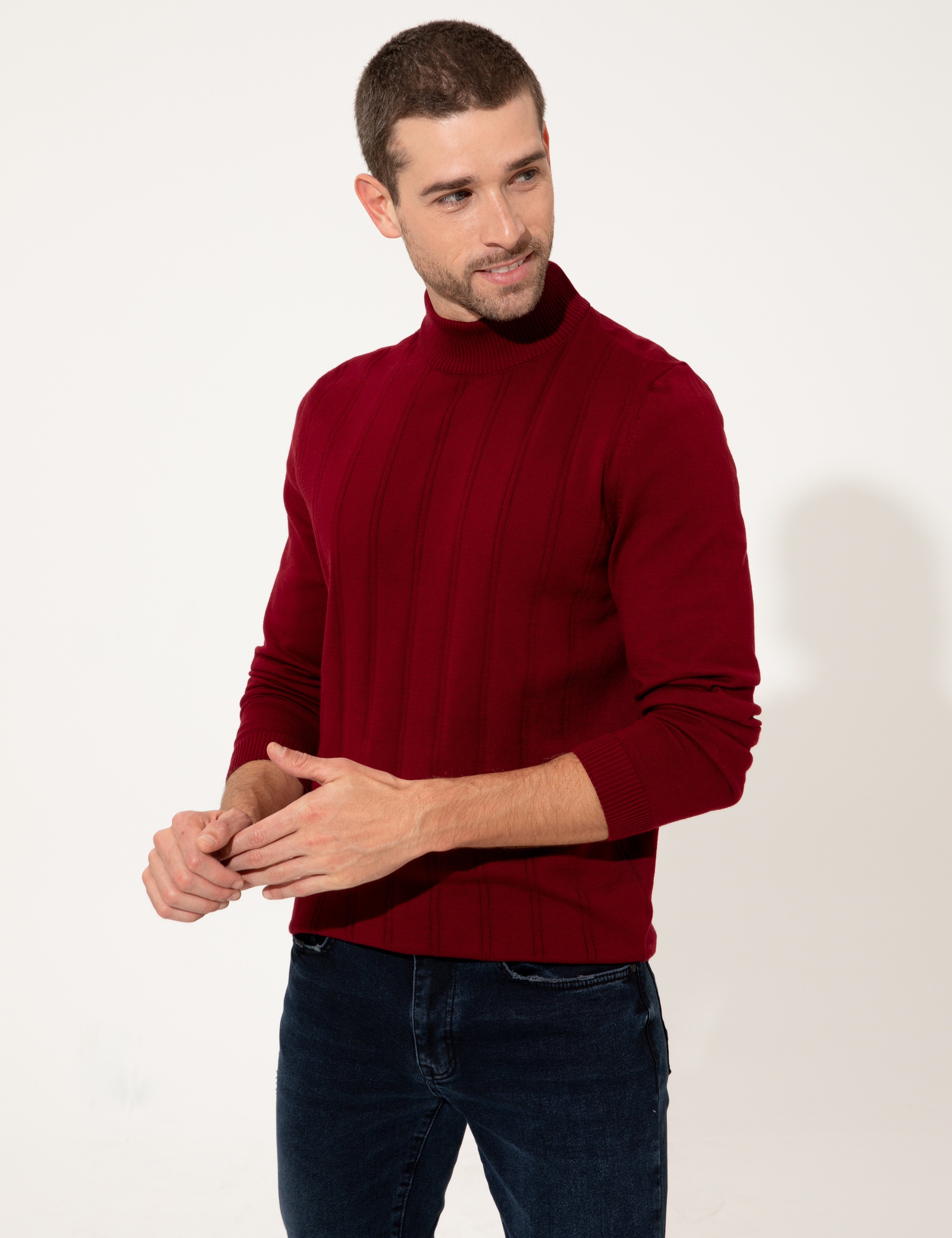 Bordo Slim Fit Yarım Balıkçı Yaka Triko Kazak - Image 2