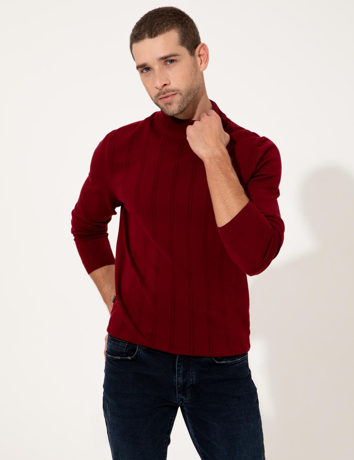Bordo Slim Fit Yarım Balıkçı Triko Kazak - 50257071023