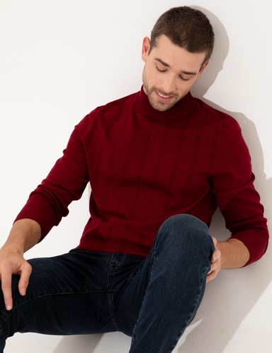 Bordo Slim Fit Yarım Balıkçı Yaka Triko Kazak