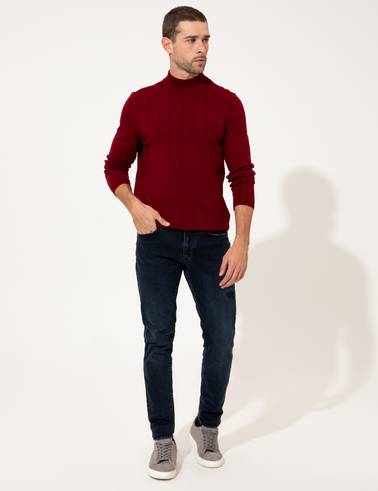 Bordo Slim Fit Yarım Balıkçı Yaka Triko Kazak