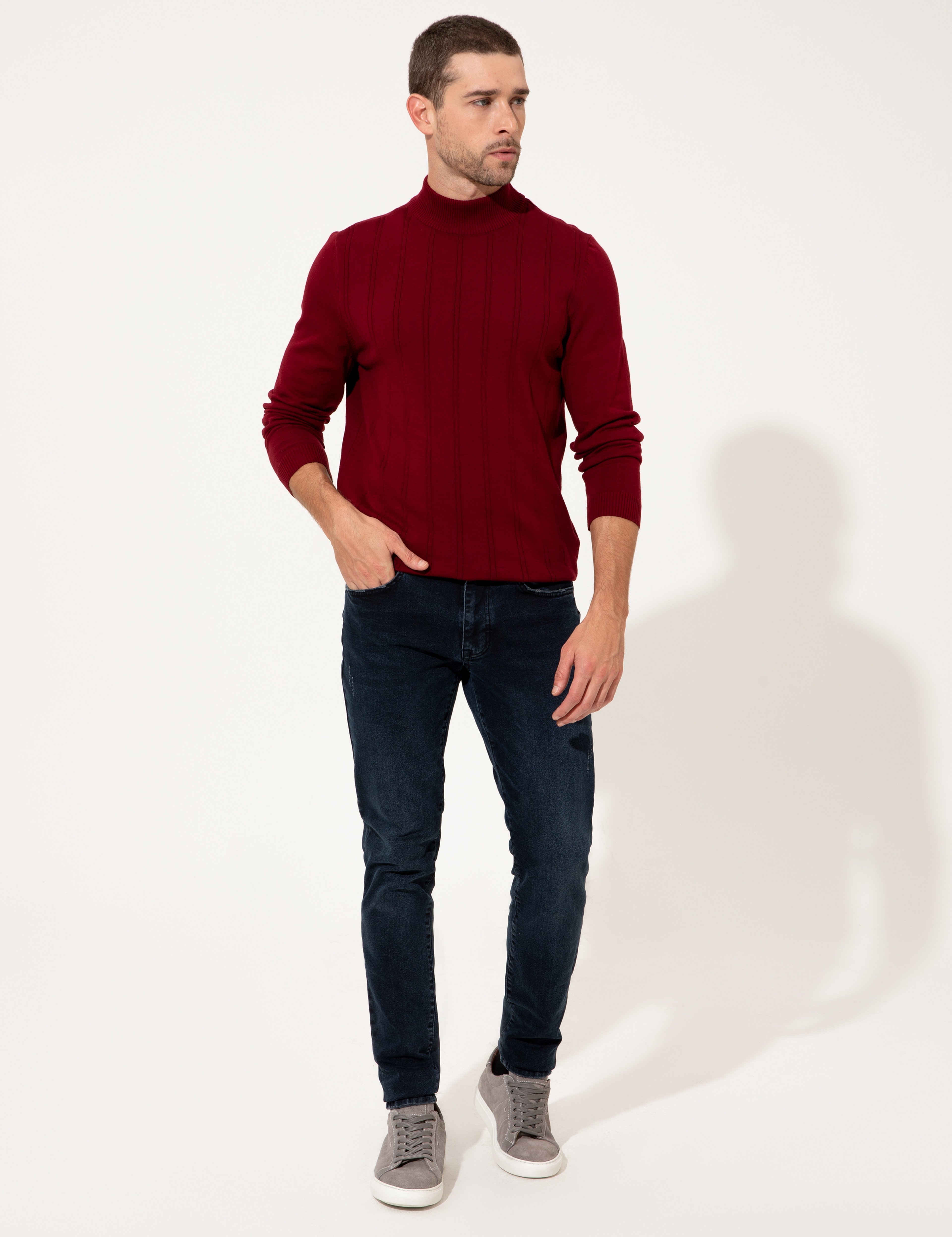 Bordo Slim Fit Yarım Balıkçı Yaka Triko Kazak - Image 5