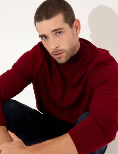 Bordo Slim Fit Yarım Balıkçı Yaka Triko Kazak