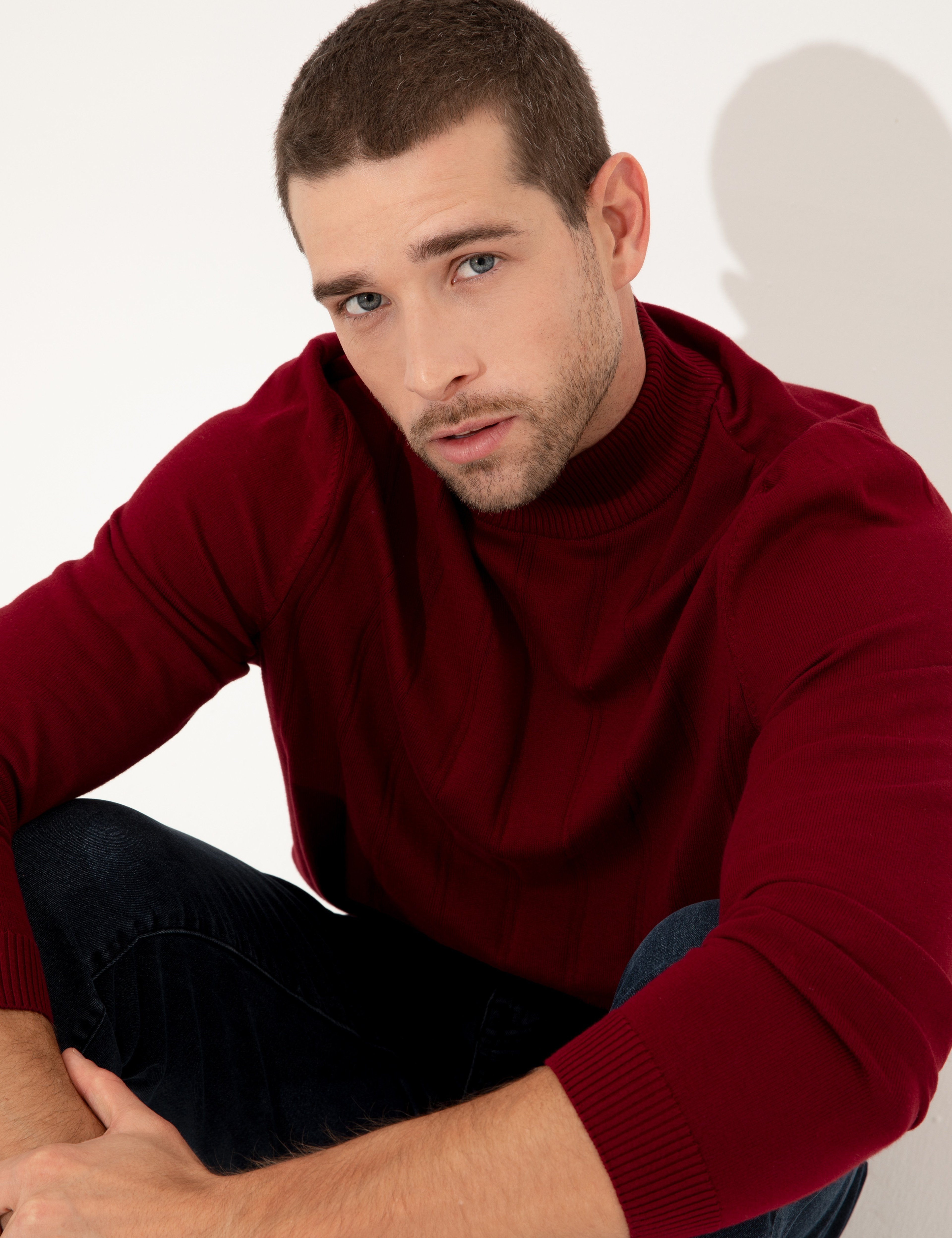 Bordo Slim Fit Yarım Balıkçı Yaka Triko Kazak - Image 3