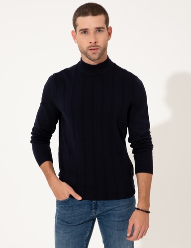 Lacivert Slim Fit Yarım Balıkçı Triko Kazak