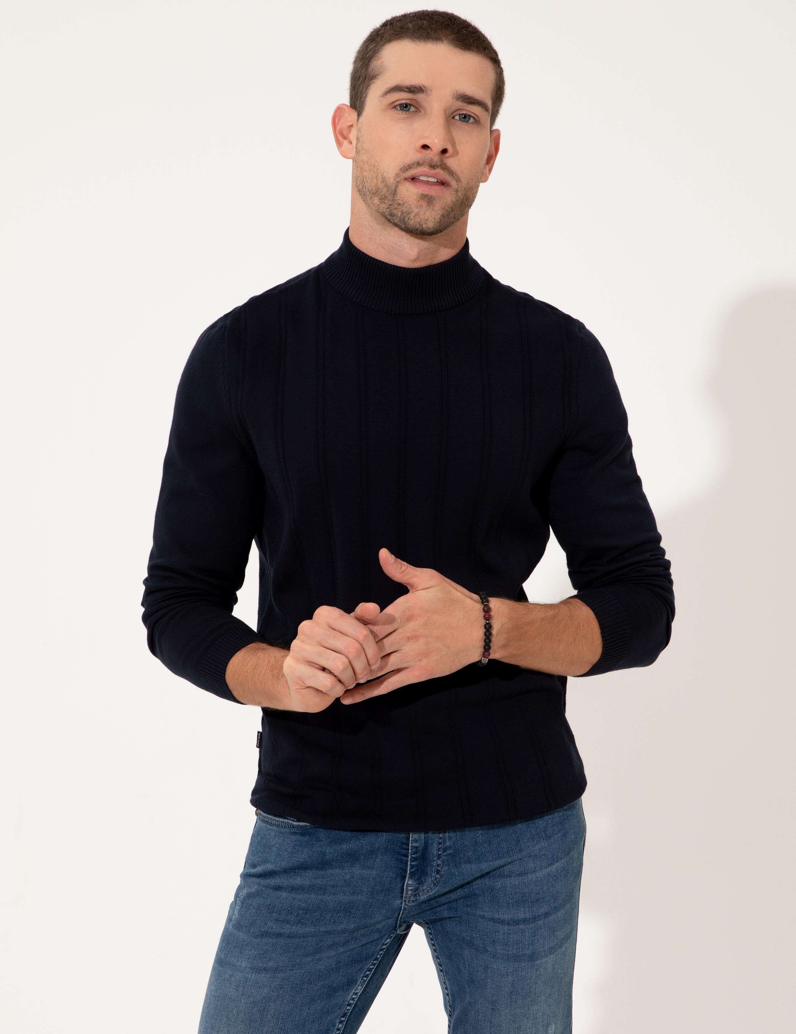 Lacivert Slim Fit Yarım Balıkçı Yaka Triko Kazak