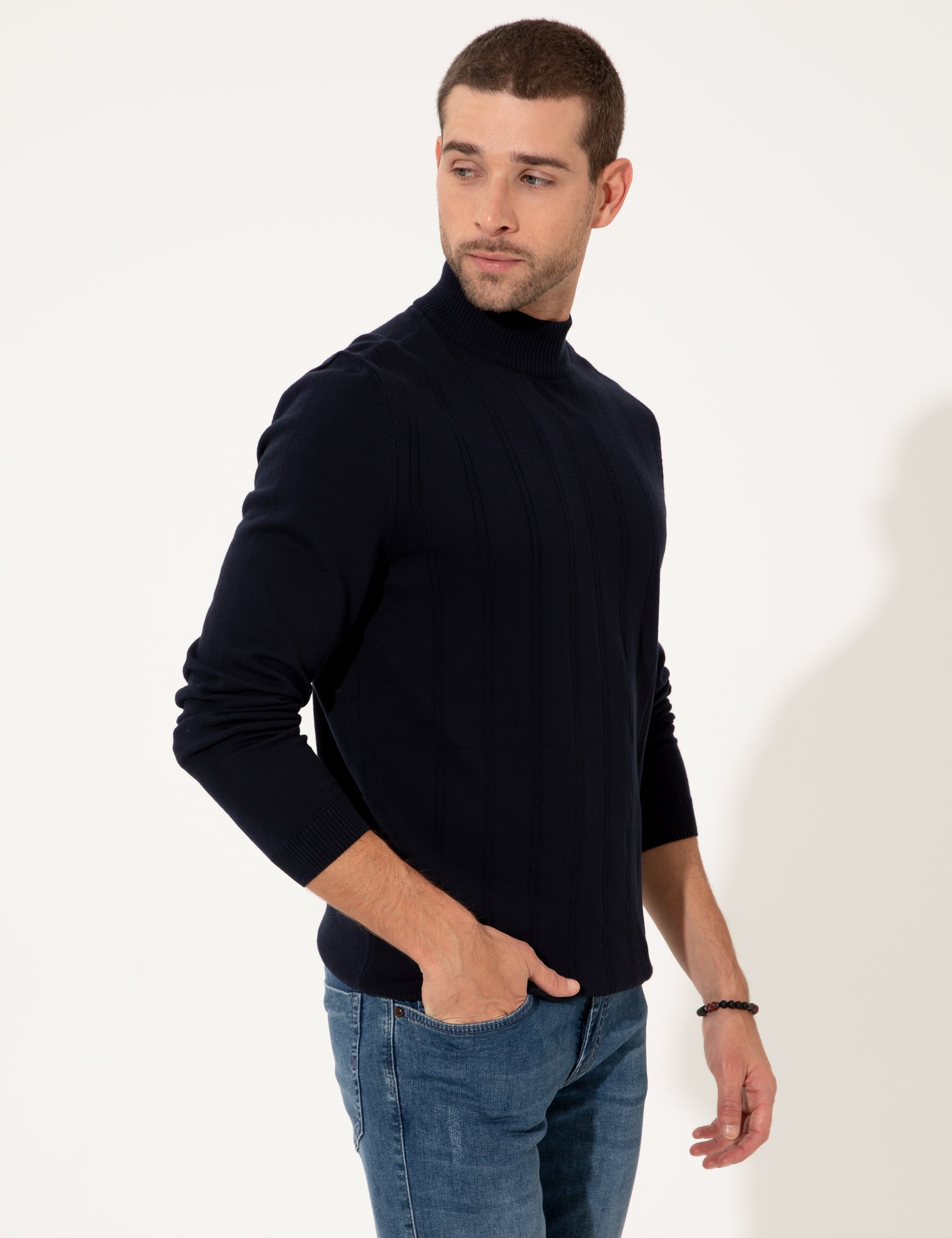 Lacivert Slim Fit Yarım Balıkçı Triko Kazak - Image 3