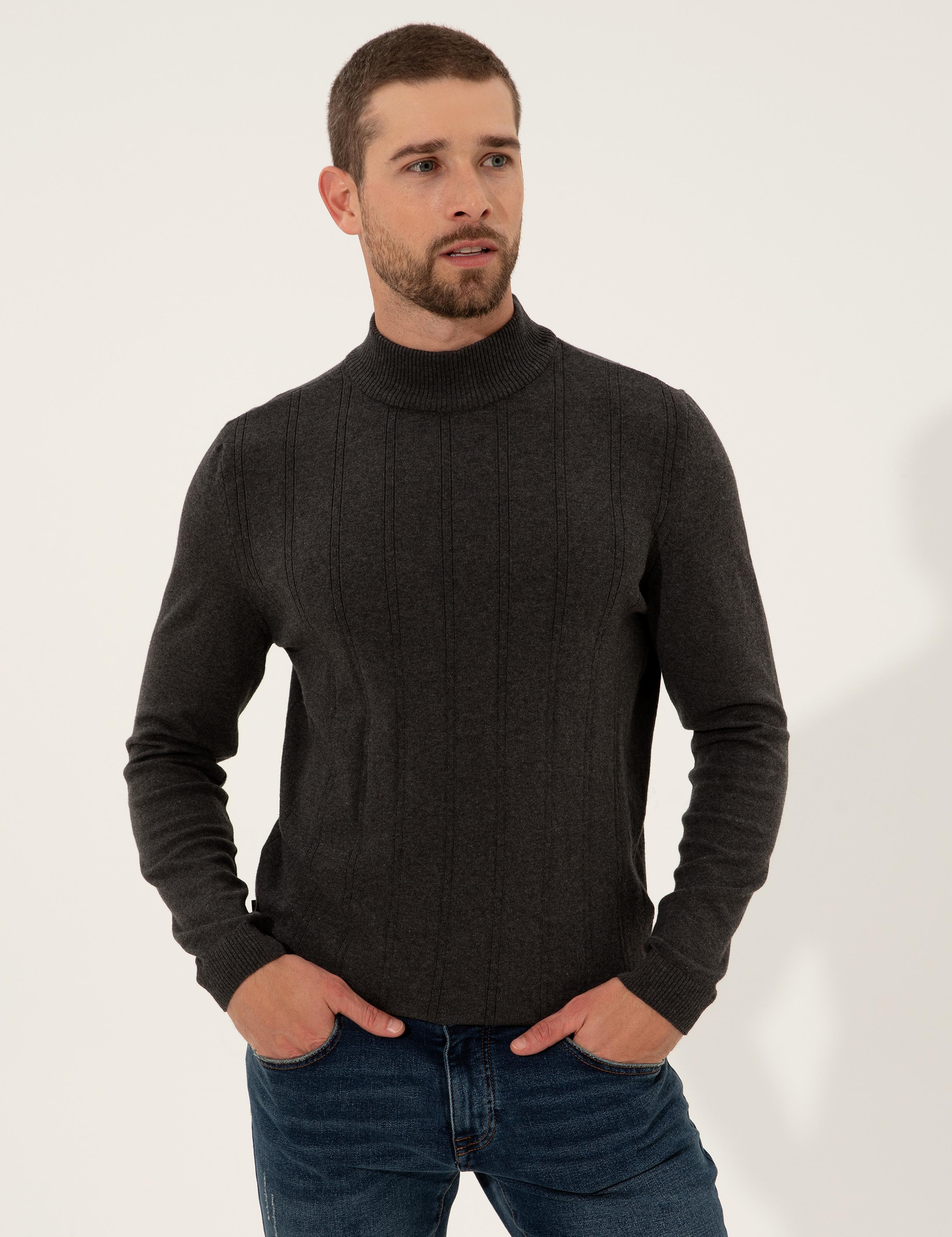 Antrasit Melanj Slim Fit Yarım Balıkçı Yaka Triko Kazak