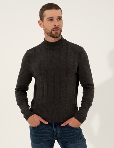 Antrasit Melanj Slim Fit Yarım Balıkçı Yaka Triko Kazak