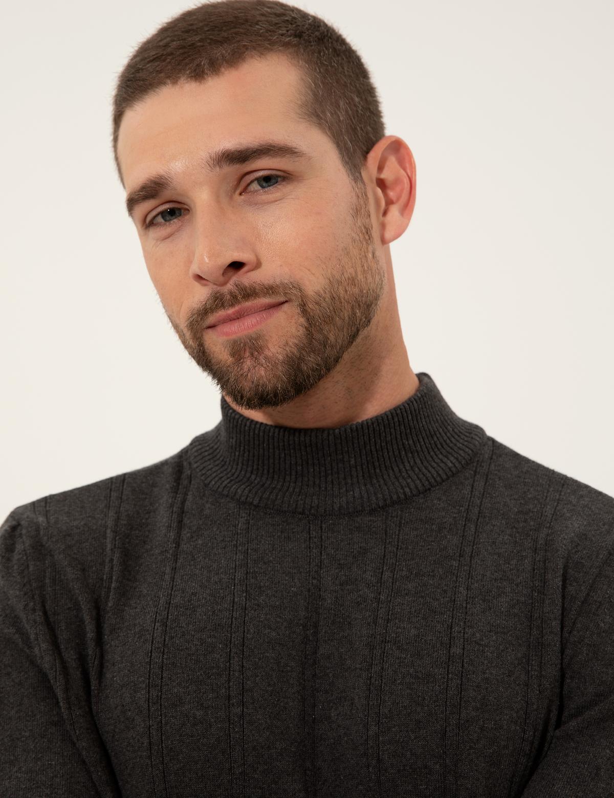 Antrasit Melanj Slim Fit Yarım Balıkçı Yaka Triko Kazak - 50257071073