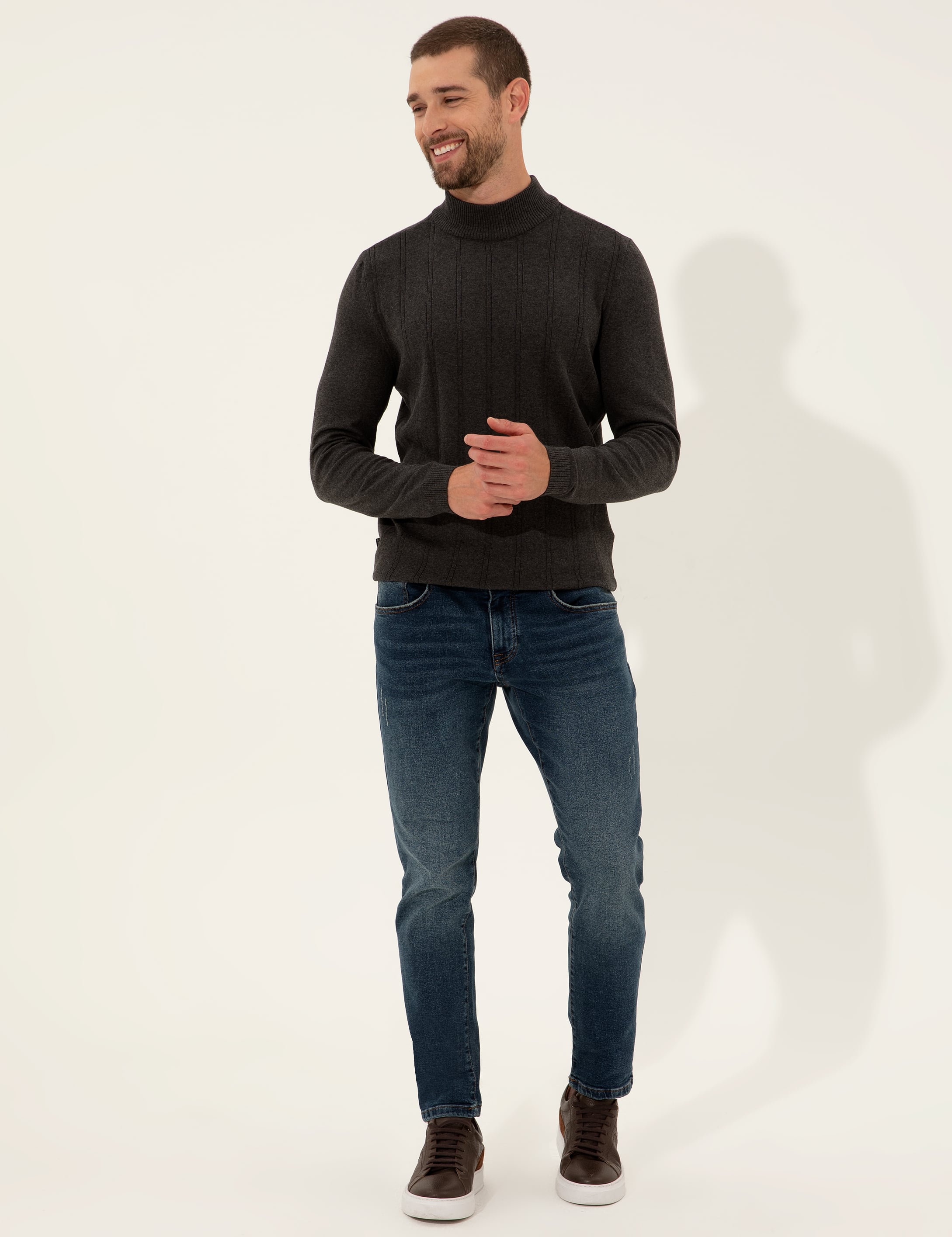 Antrasit Melanj Slim Fit Yarım Balıkçı Yaka Triko Kazak