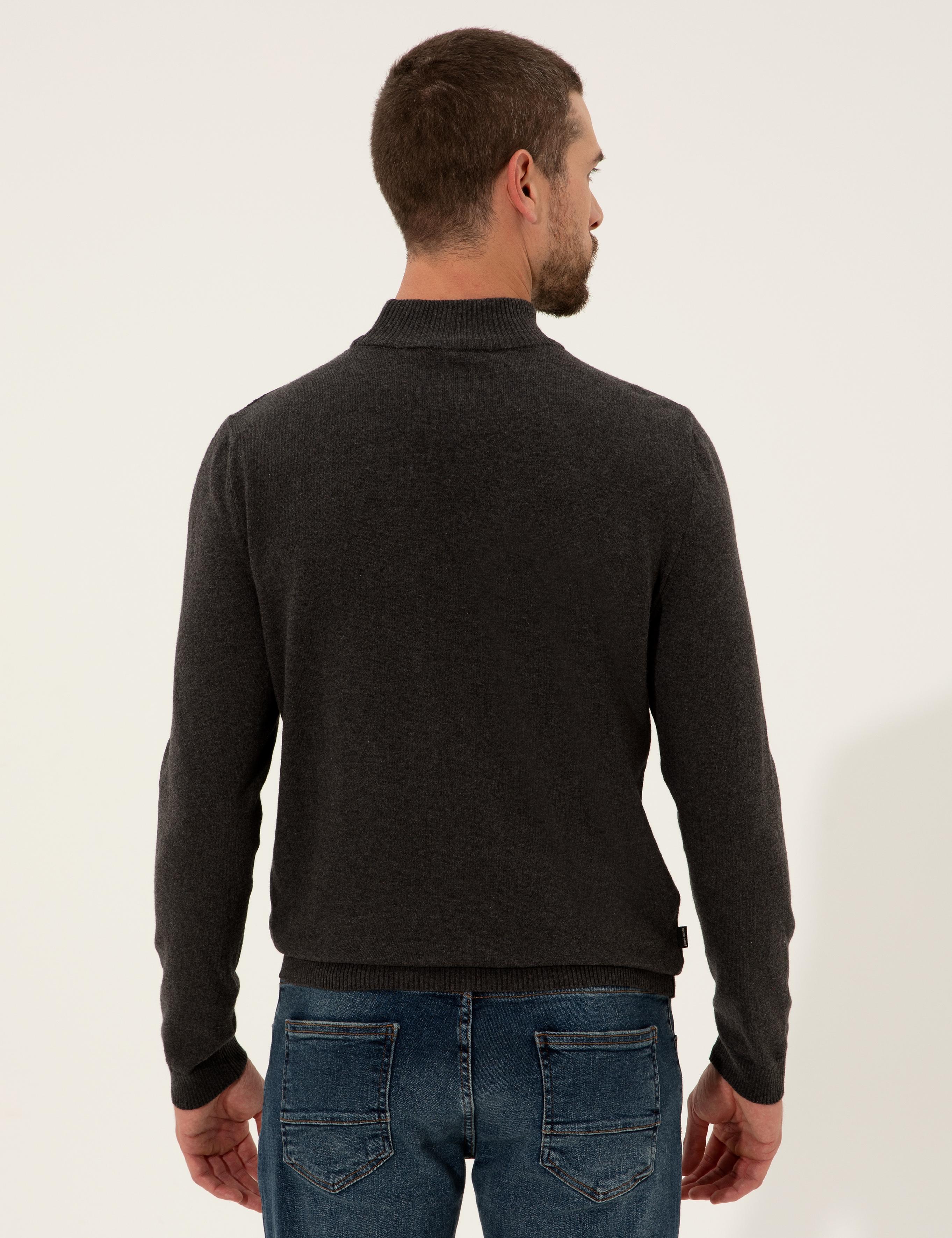 Antrasit Melanj Slim Fit Yarım Balıkçı Yaka Triko Kazak