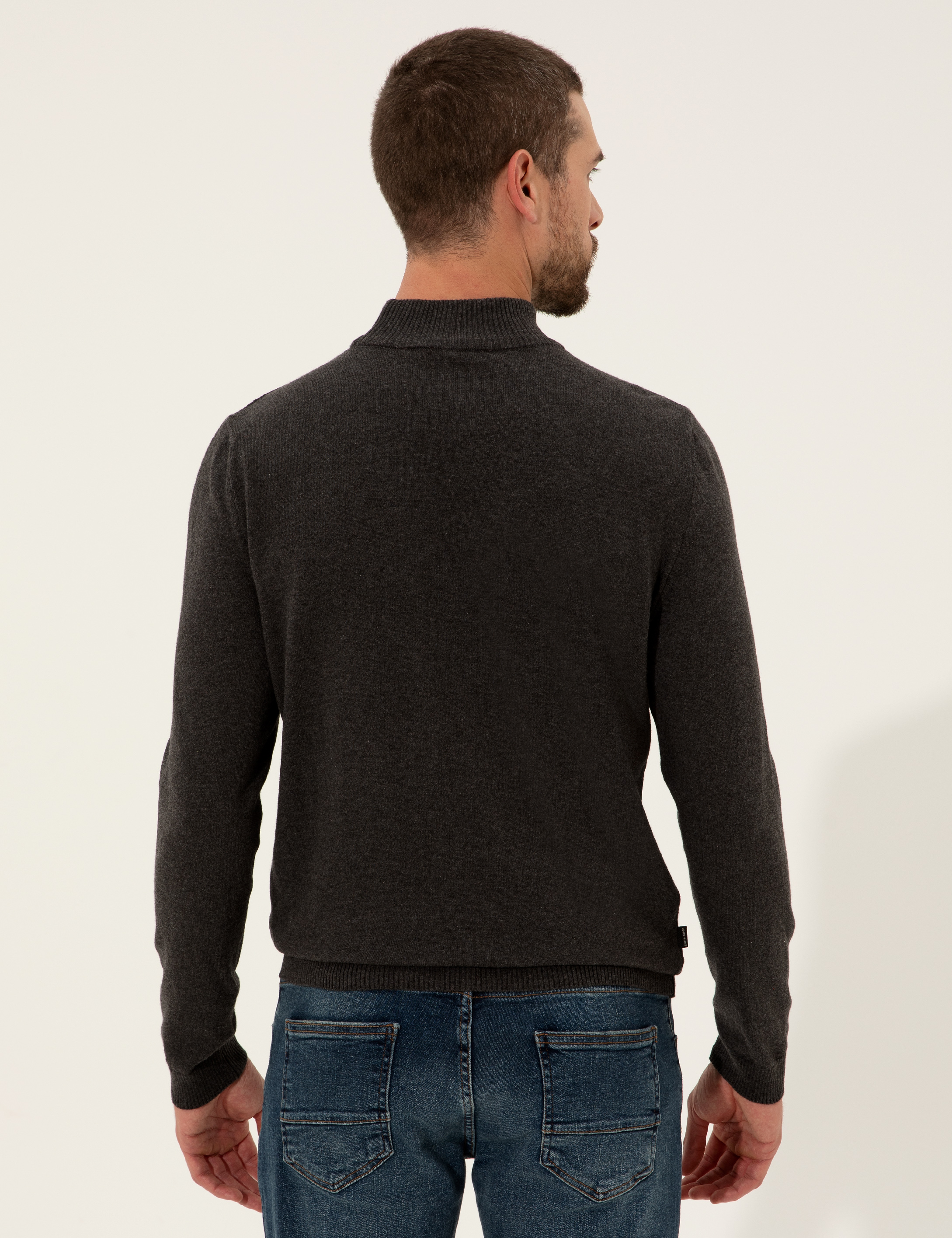 Antrasit Melanj Slim Fit Yarım Balıkçı Yaka Triko Kazak - Image 5