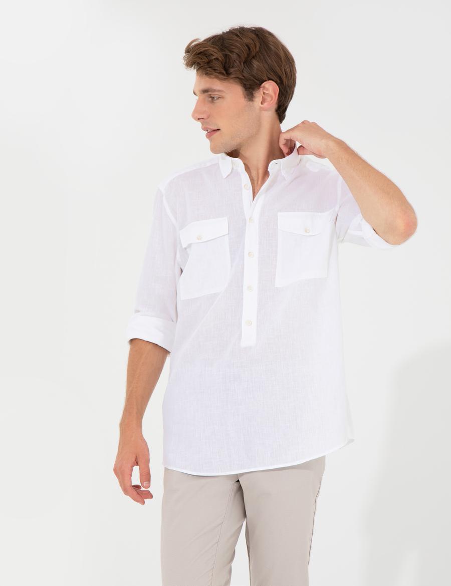 Beyaz Regular Fit Uzun Kollu Gömlek