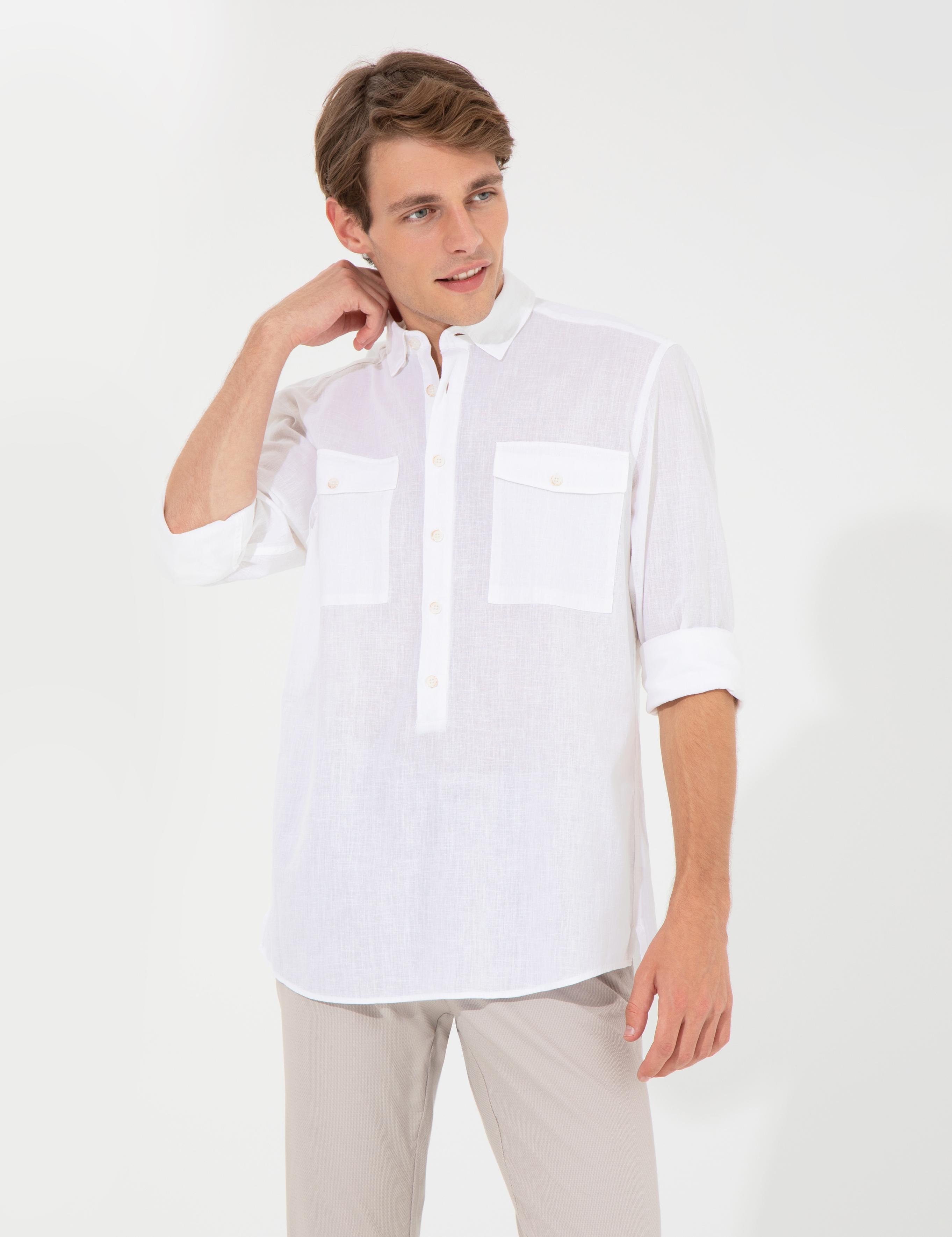 Beyaz Regular Fit Uzun Kollu Gömlek