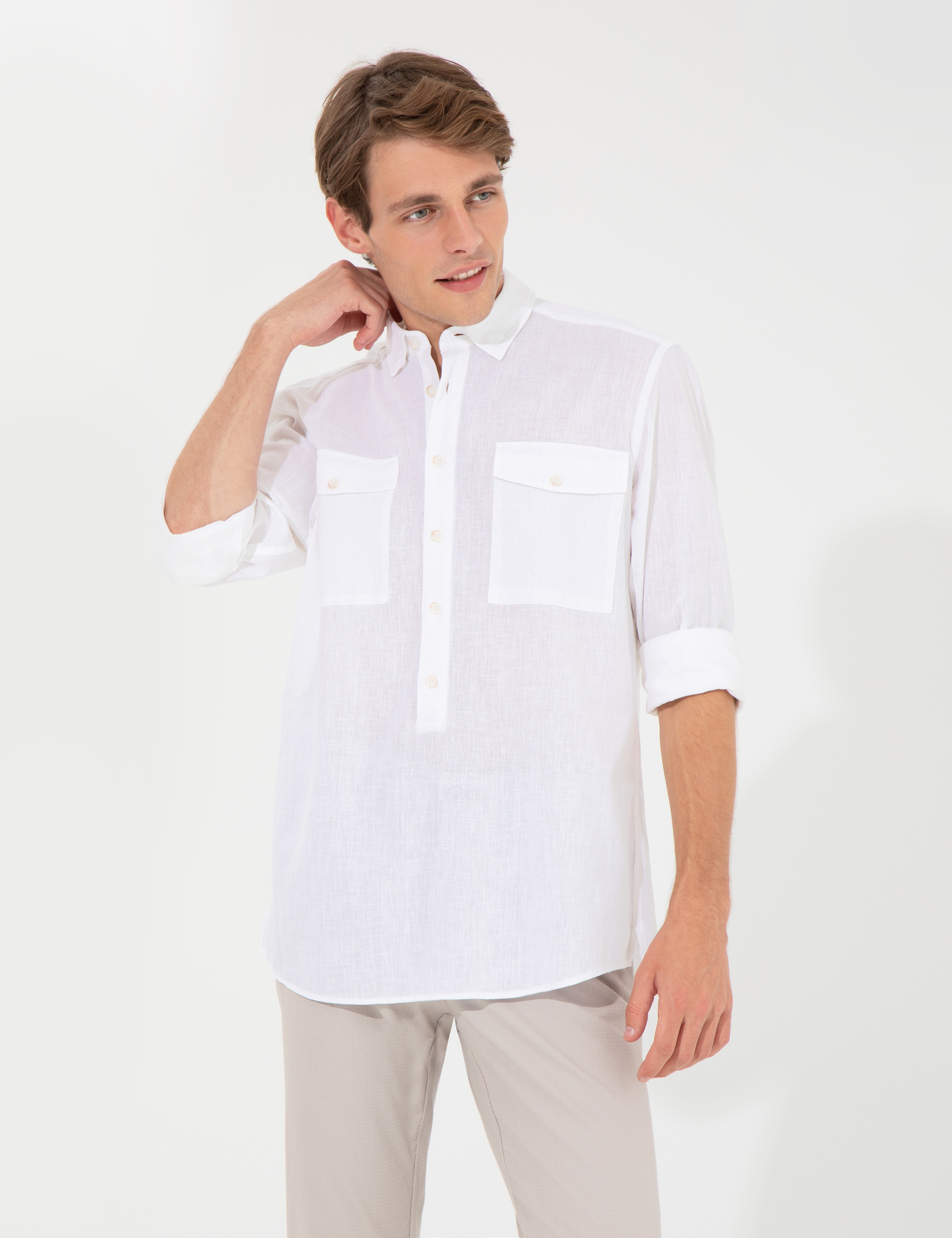 Beyaz Regular Fit Uzun Kollu Gömlek - Image 4