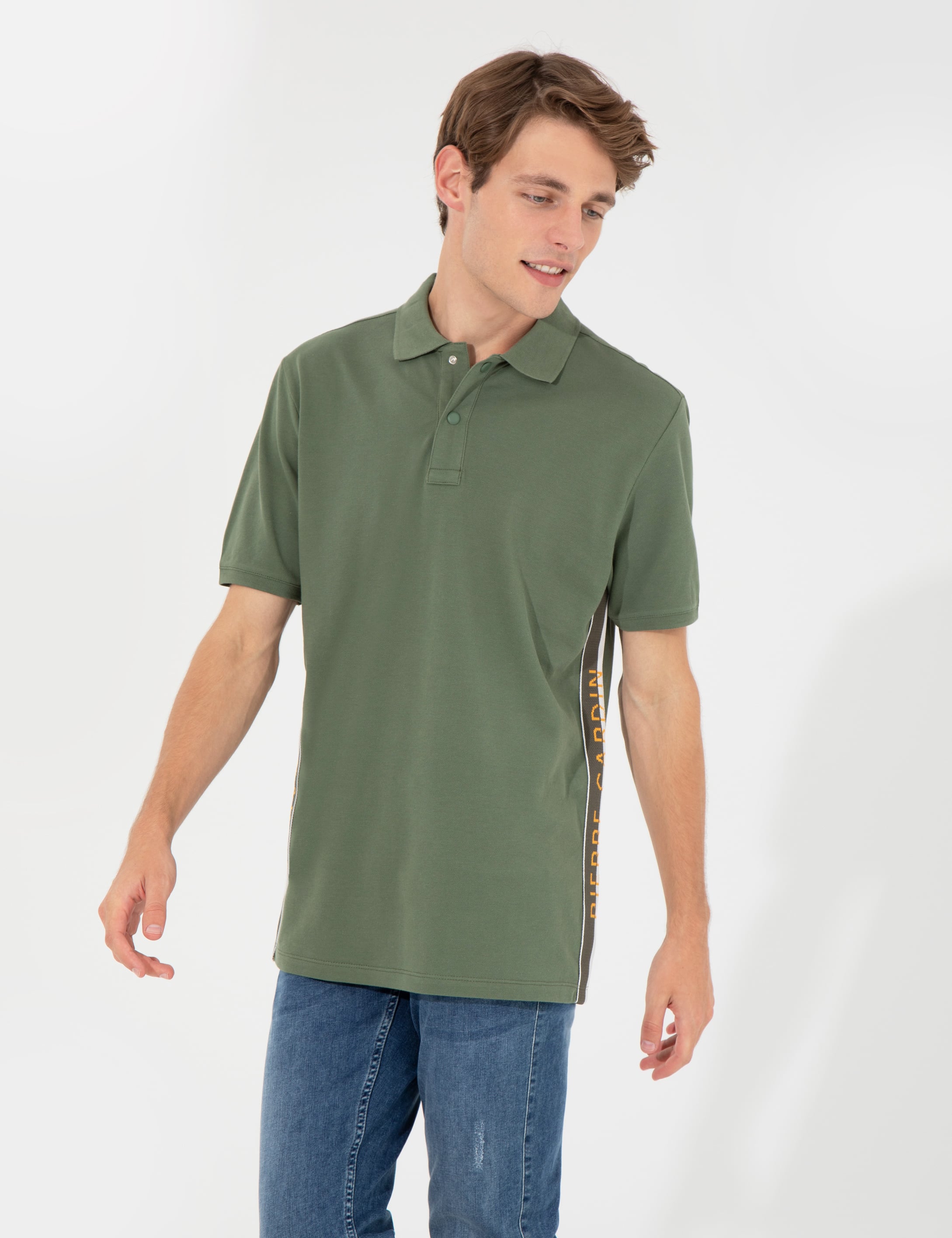 Haki Regular Fit Yandan Çizgili Polo Yaka Tişört