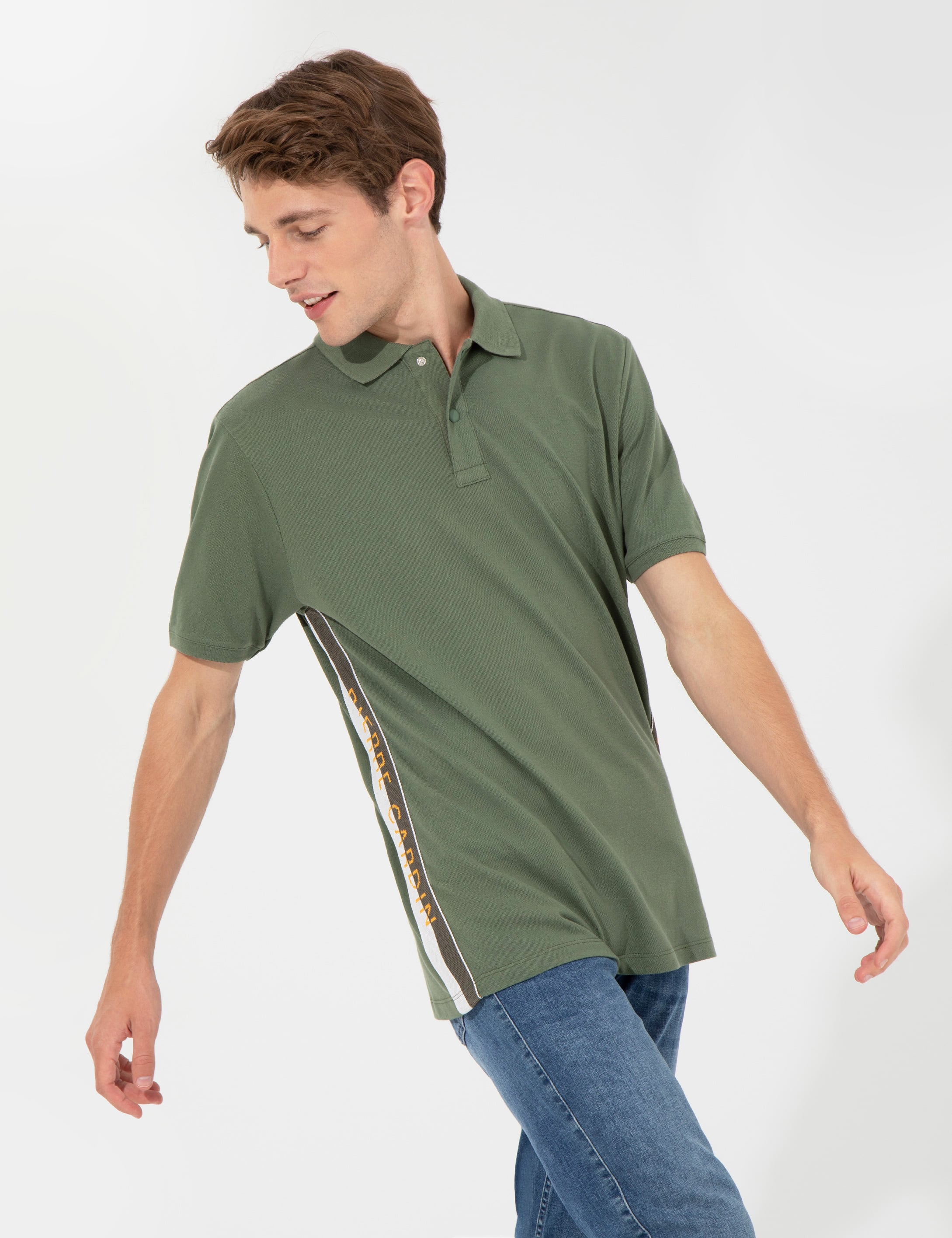 Haki Regular Fit Yandan Çizgili Polo Yaka Tişört - Image 1