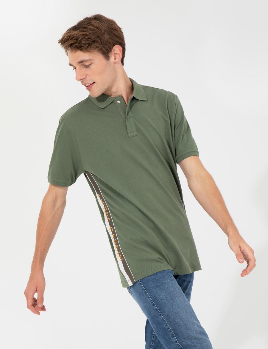 Haki Regular Fit Yandan Çizgili Polo Yaka Tişört