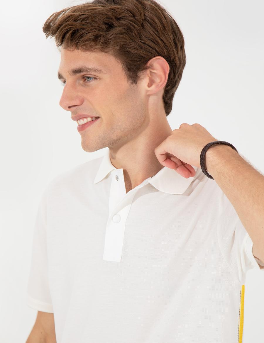 Ecru Regular Fit Yandan Çizgili Polo Yaka Tişört