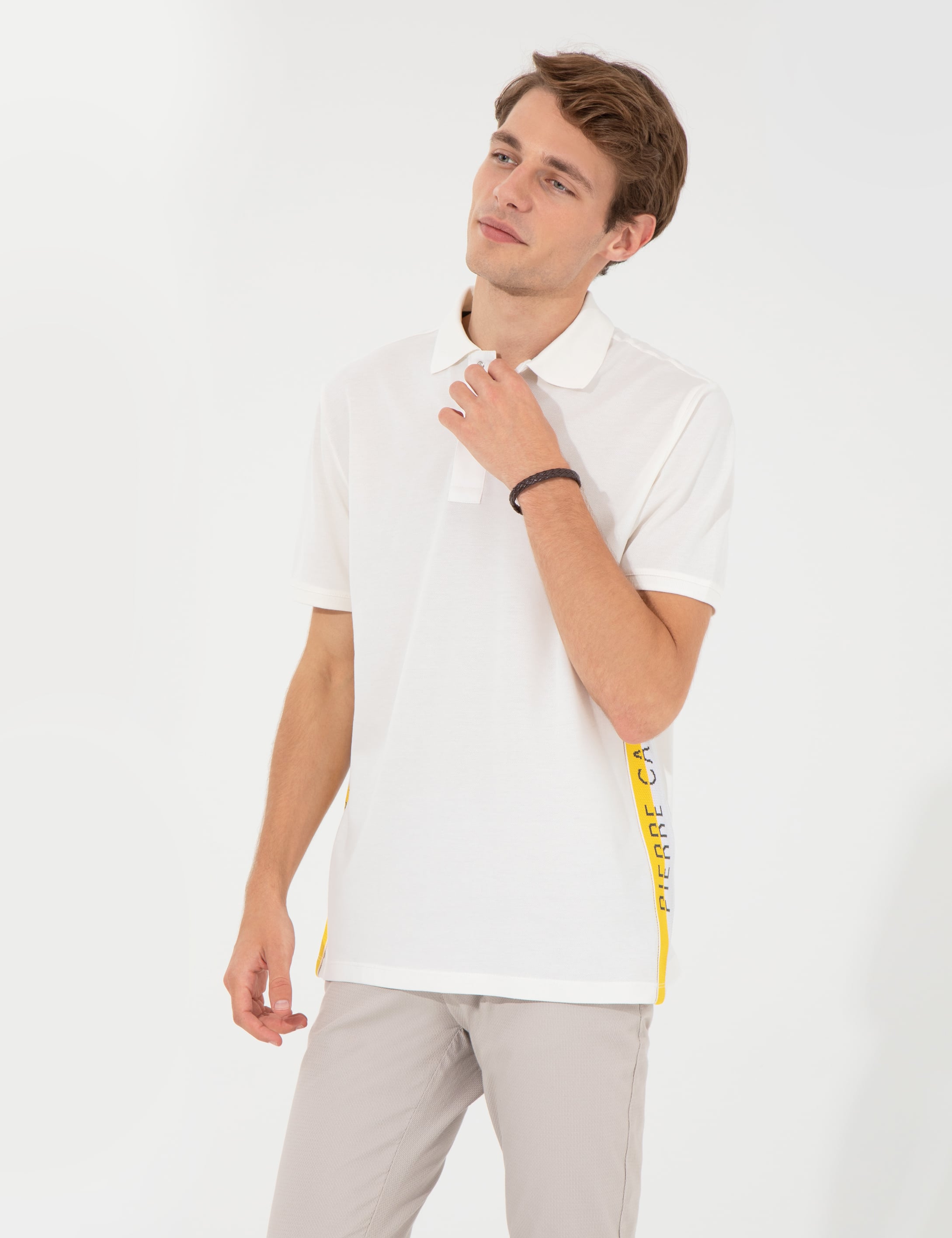 Ecru Regular Fit Yandan Çizgili Polo Yaka Tişört - Image 3