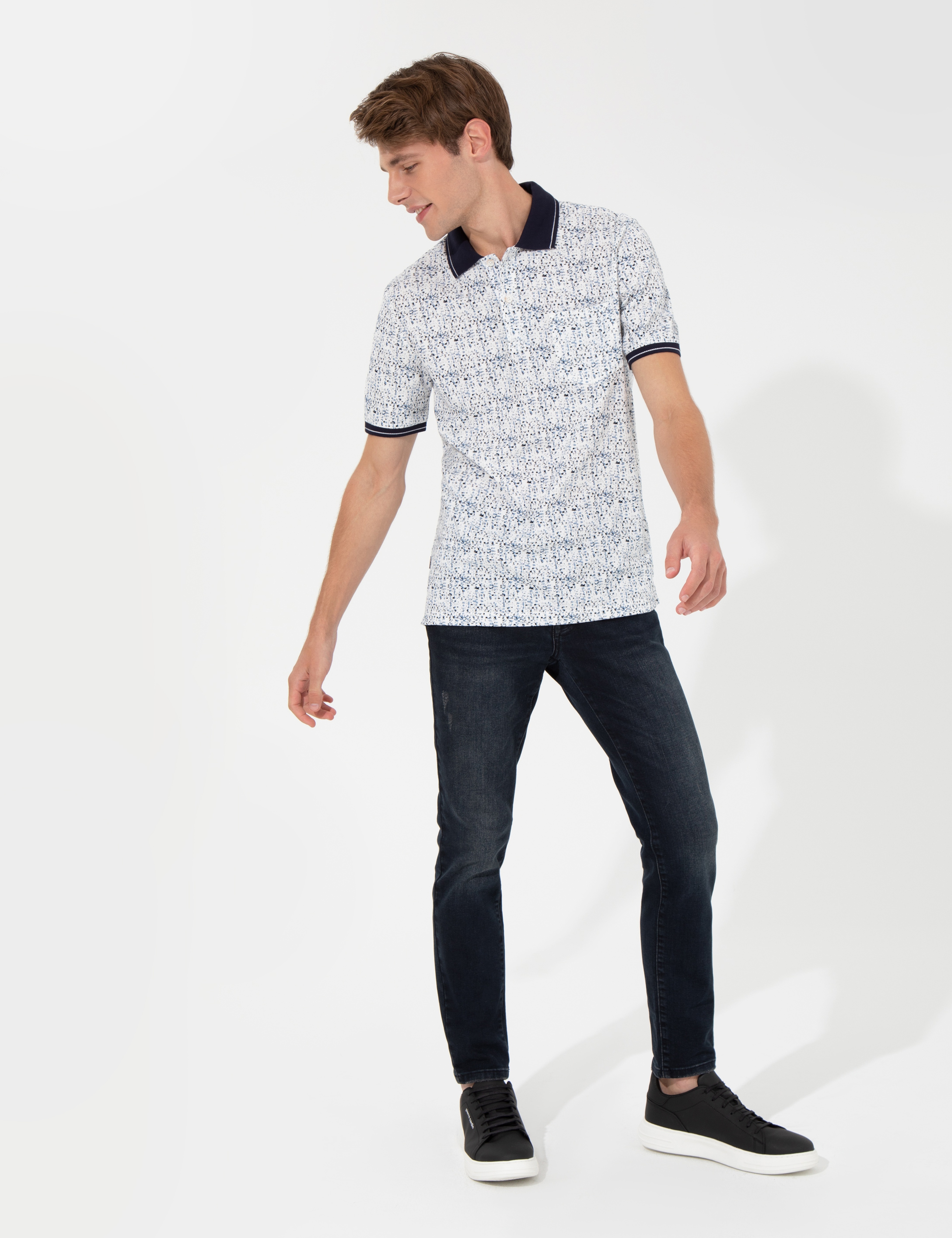 Lacivert Regular Fit Desenli Polo Yaka Tişört - Image 3