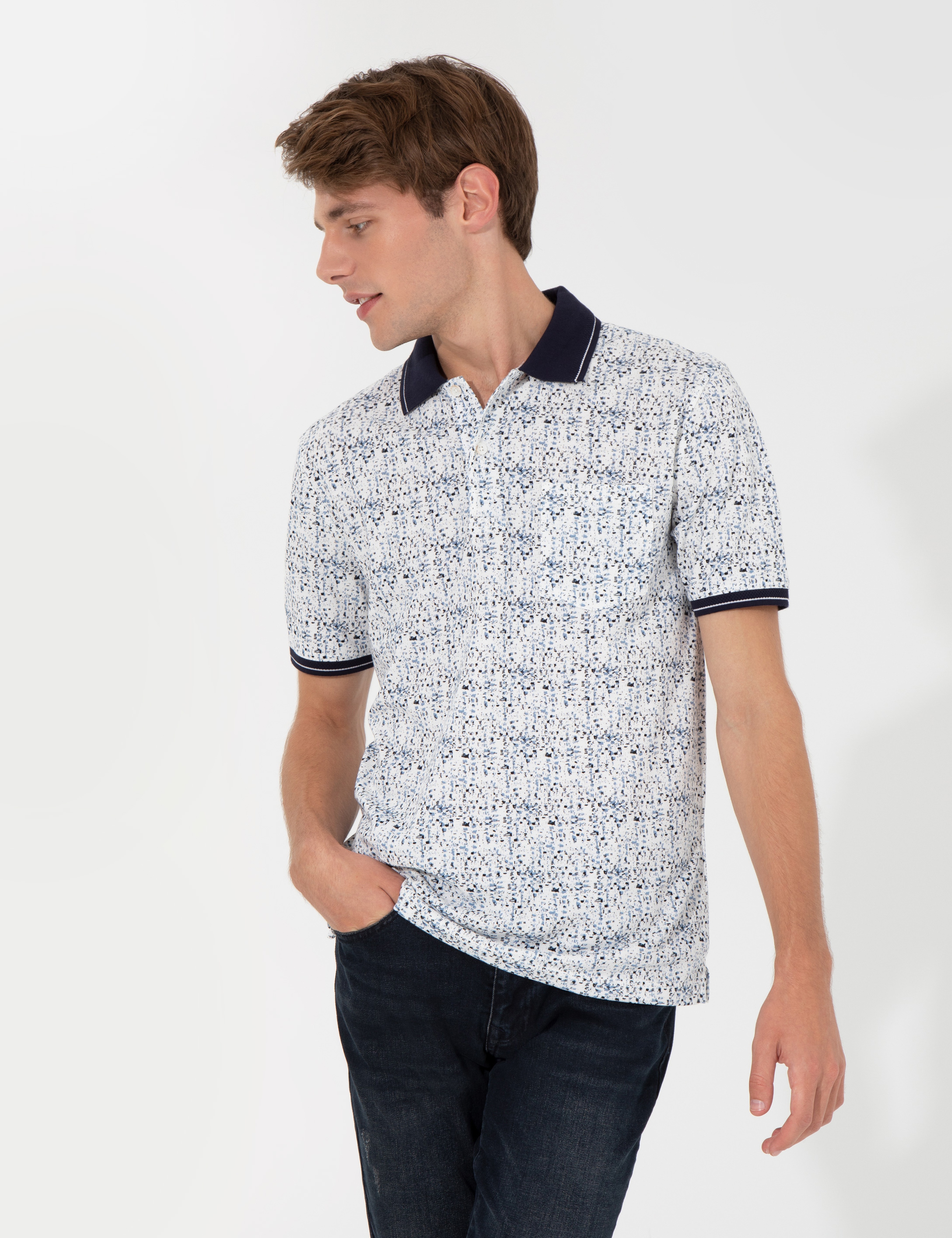 Lacivert Regular Fit Desenli Polo Yaka Tişört - Image 2