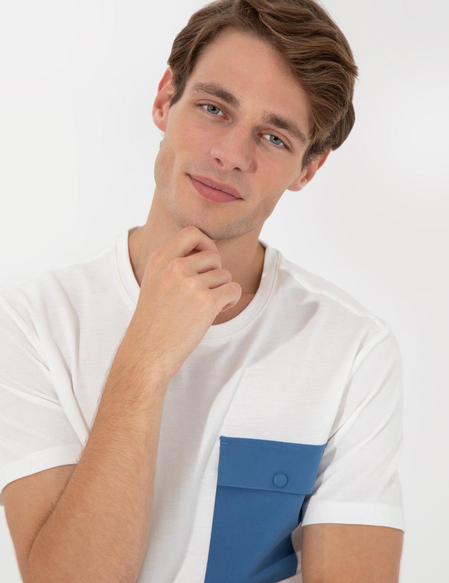 Ekru Slim Fit Baskılı Bisiklet Yaka Tişört