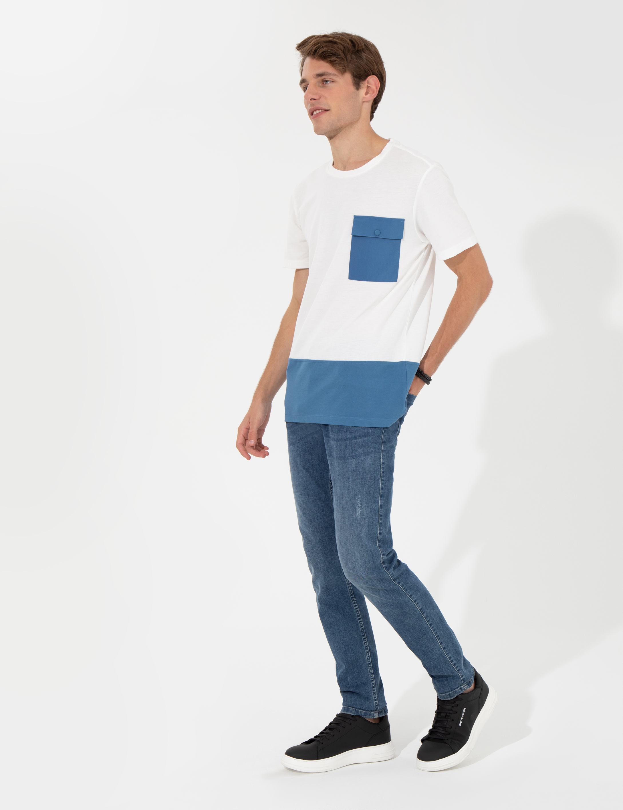Ekru Slim Fit Baskılı Bisiklet Yaka Tişört - Image 4