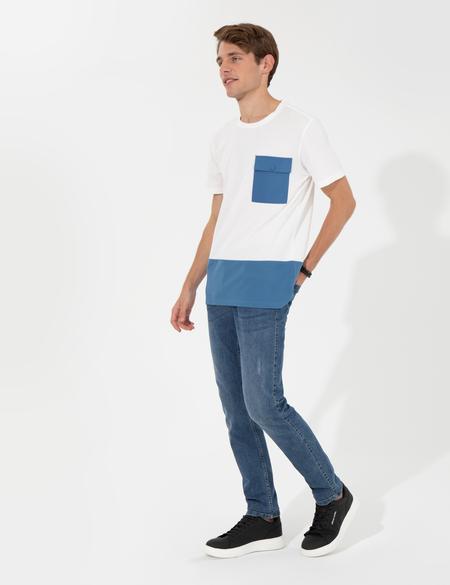 Ekru Slim Fit Baskılı Bisiklet Yaka Tişört - 50249813016