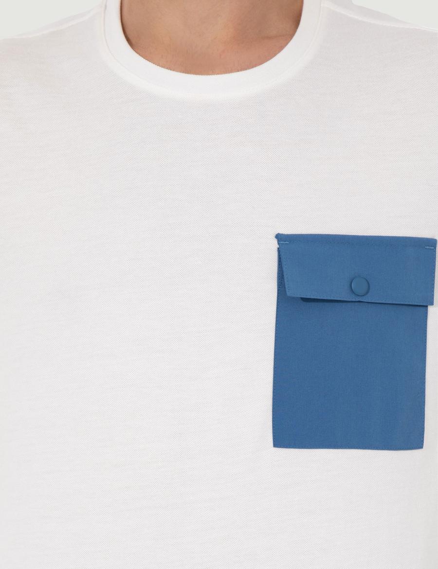 Ekru Slim Fit Baskılı Bisiklet Yaka Tişört