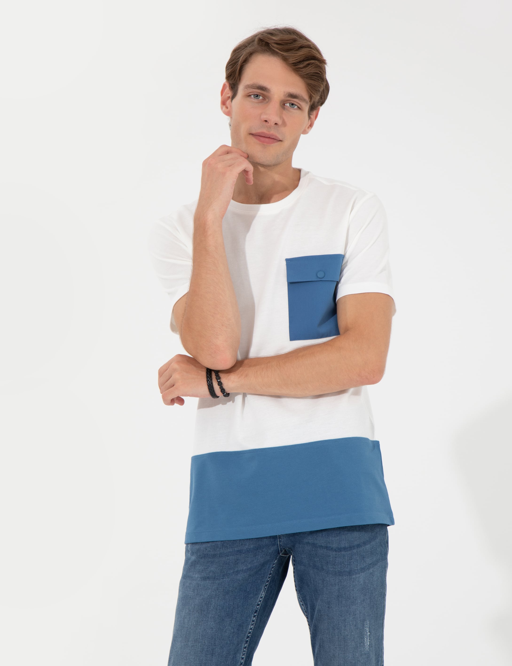 Ekru Slim Fit Baskılı Bisiklet Yaka Tişört - Image 3