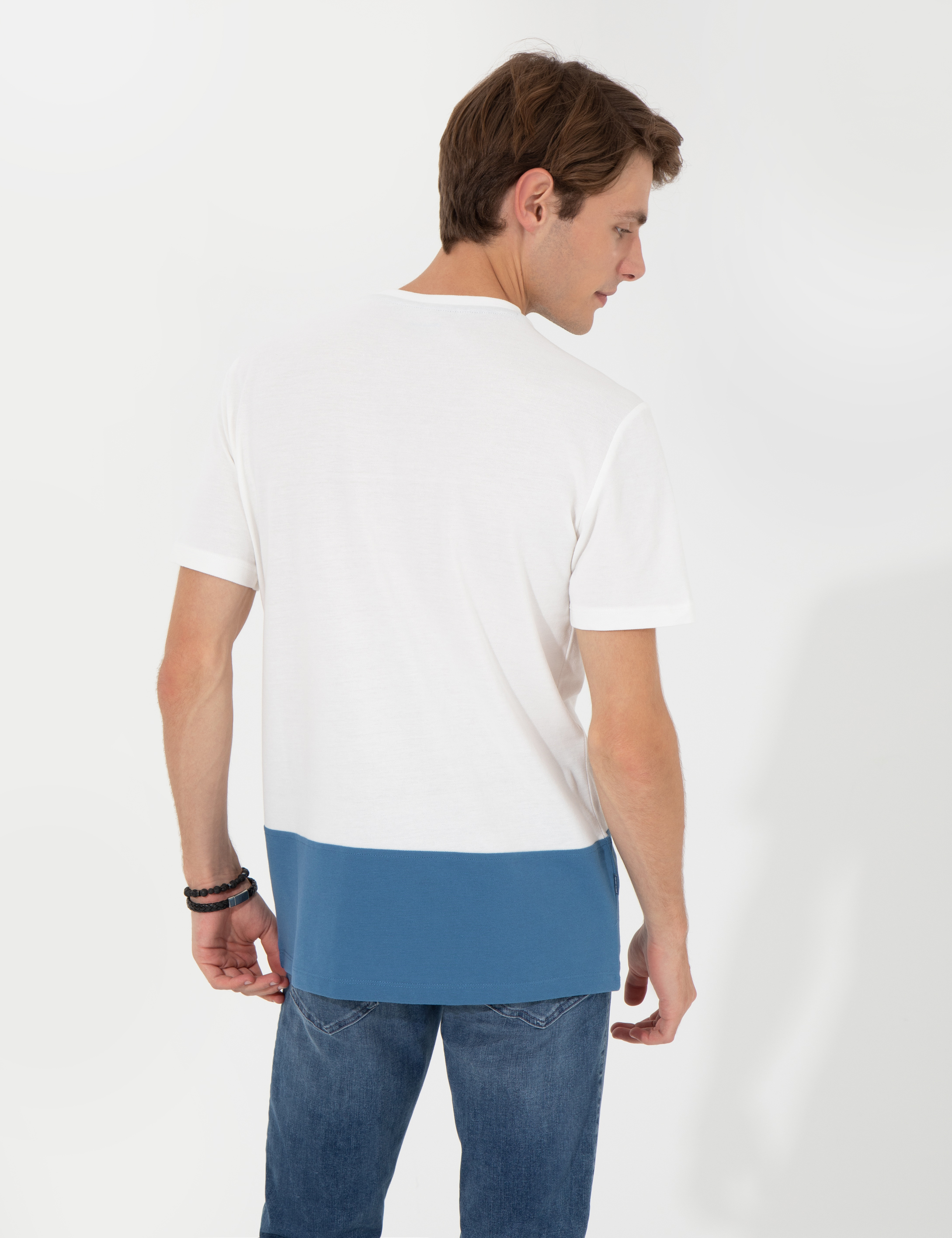 Ekru Slim Fit Baskılı Bisiklet Yaka Tişört - Image 5