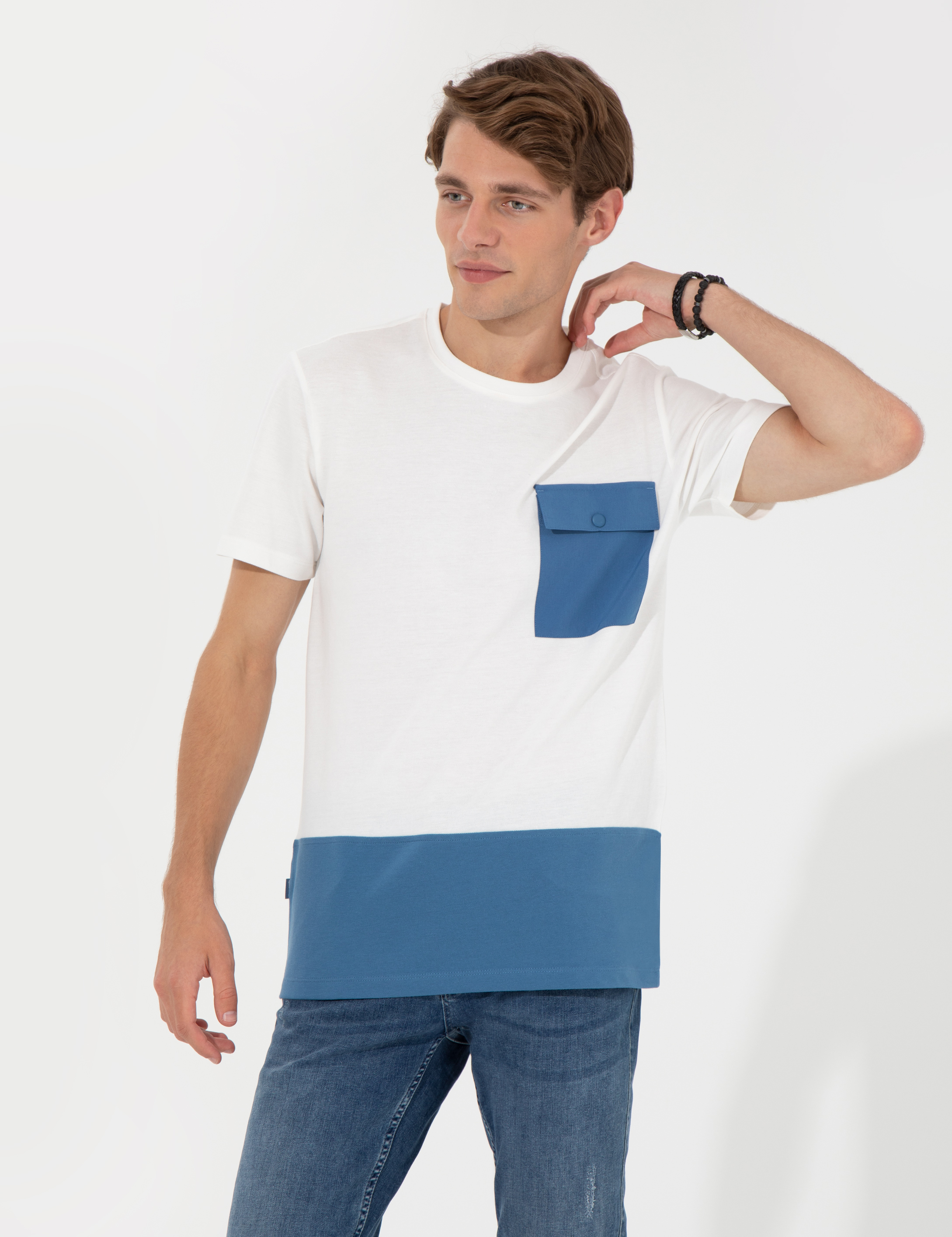 Ekru Slim Fit Baskılı Bisiklet Yaka Tişört