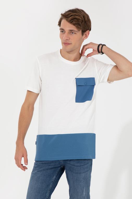 Ekru Slim Fit Baskılı Bisiklet Yaka Tişört