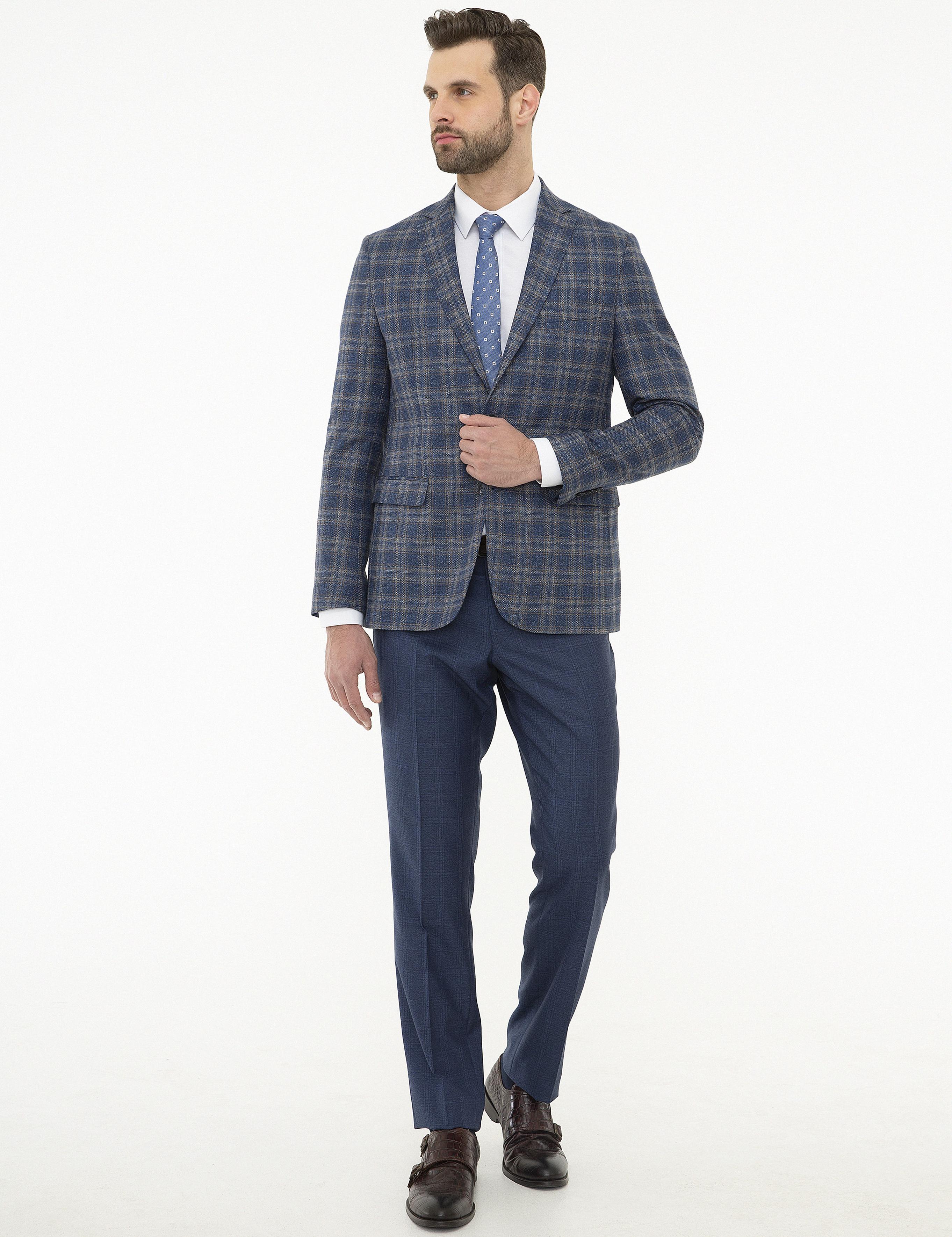 Ekose Koyu Mavi Slim Fit Ceket