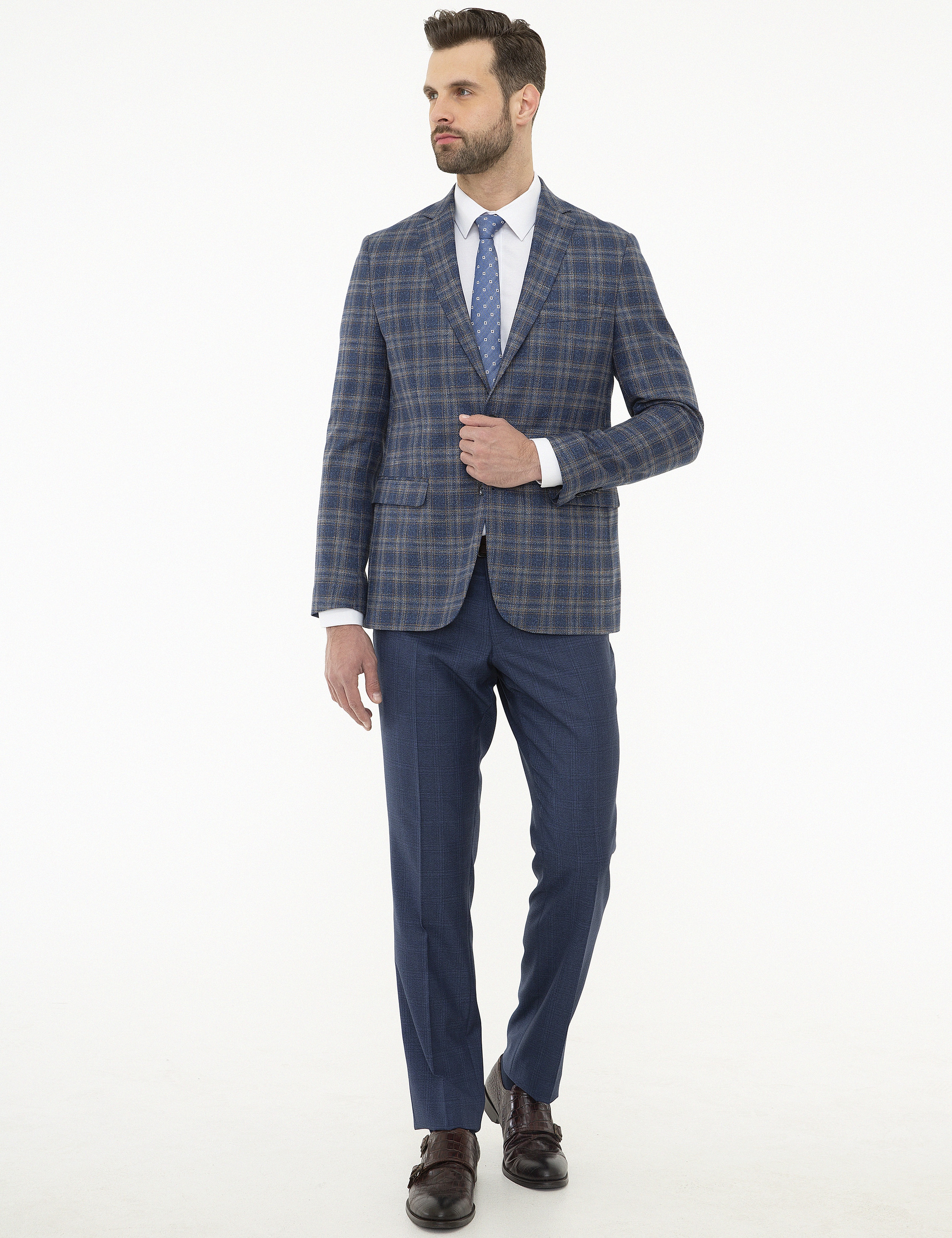 Ekose Koyu Mavi Slim Fit Ceket - Image 5