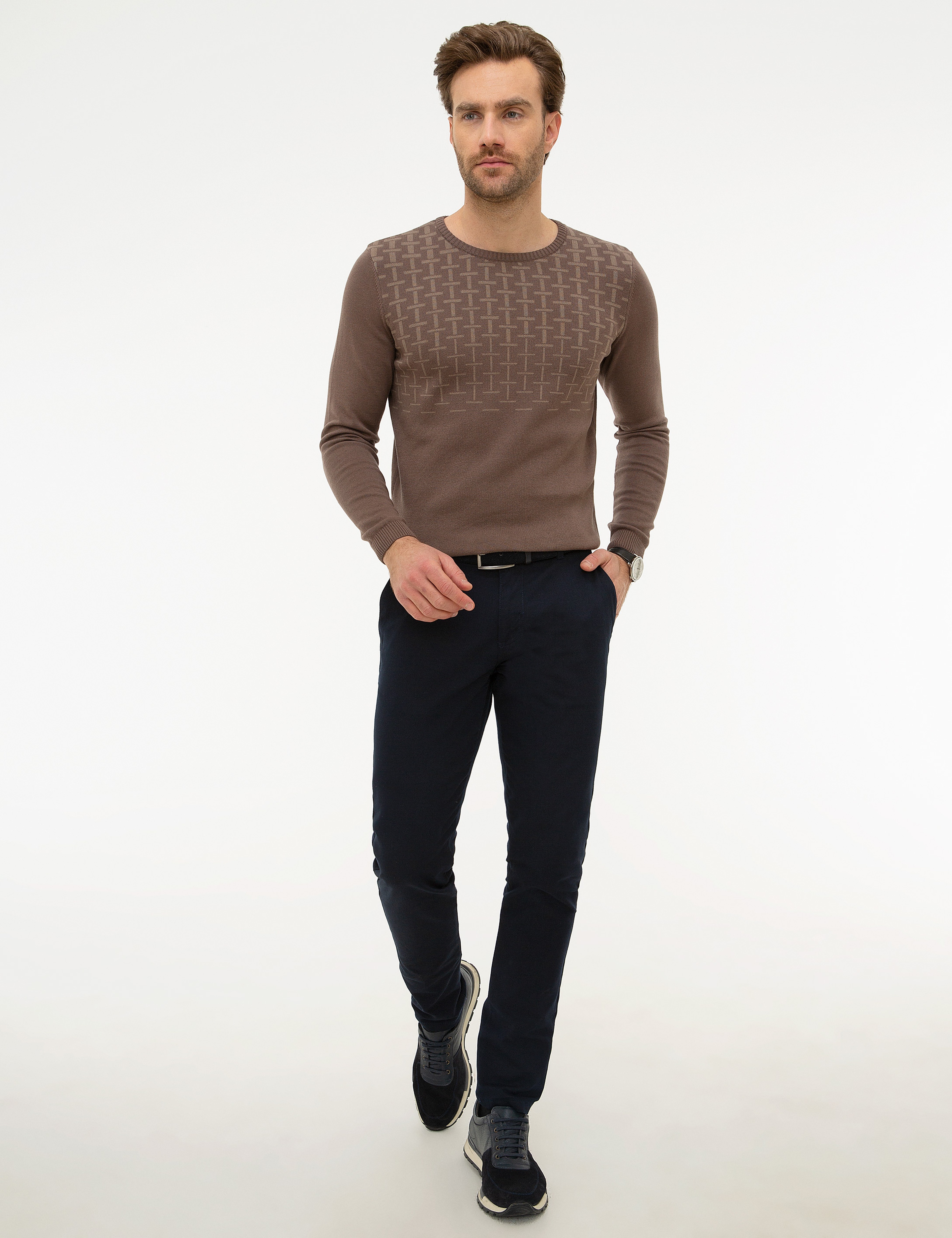 Kahverengi Slim Fit Triko Kazak - Image 5