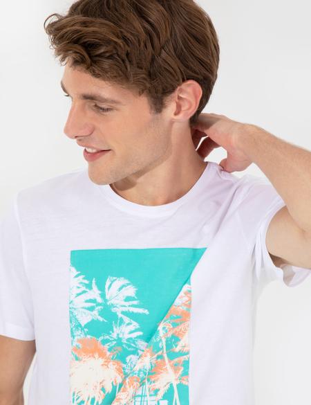 Beyaz Slim Fit Baskılı Bisiklet Yaka Tişört - 50232405001