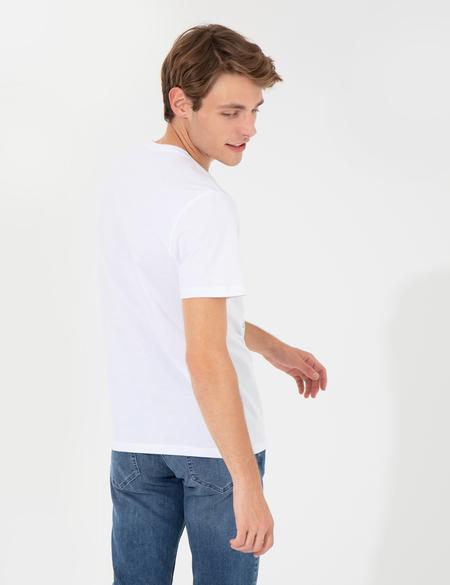 Beyaz Slim Fit Baskılı Bisiklet Yaka Tişört - 50232405001