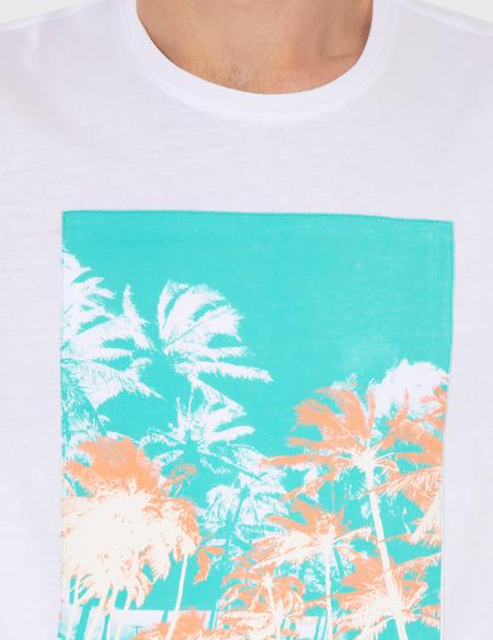 Beyaz Slim Fit Baskılı Bisiklet Yaka Tişört - 50232405001